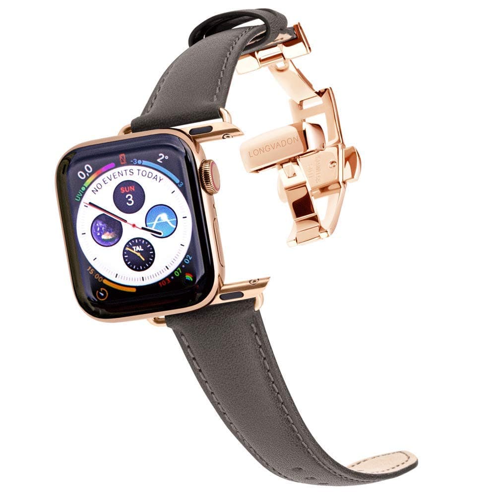 Longvadon Women's Classic Series Watch Band - Compatible with Apple Watch 38MM (Series 1-3), 40MM (Series 4-6) & 41MM (Series 7-8) - Genuine Full Grain Leather - Shark Gray with Gold Details - M Size