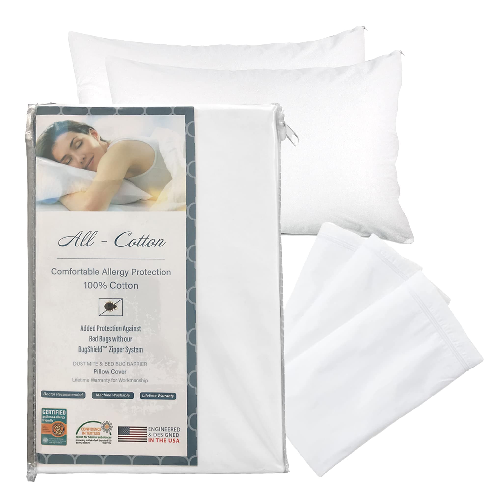 National Allergy Premium 100% Cotton Zippered Pillow Protector - King Size - White - 300 Thread Count - Hypoallergenic Bed Pillowcase with Zipper - Breathable Encasement Cover
