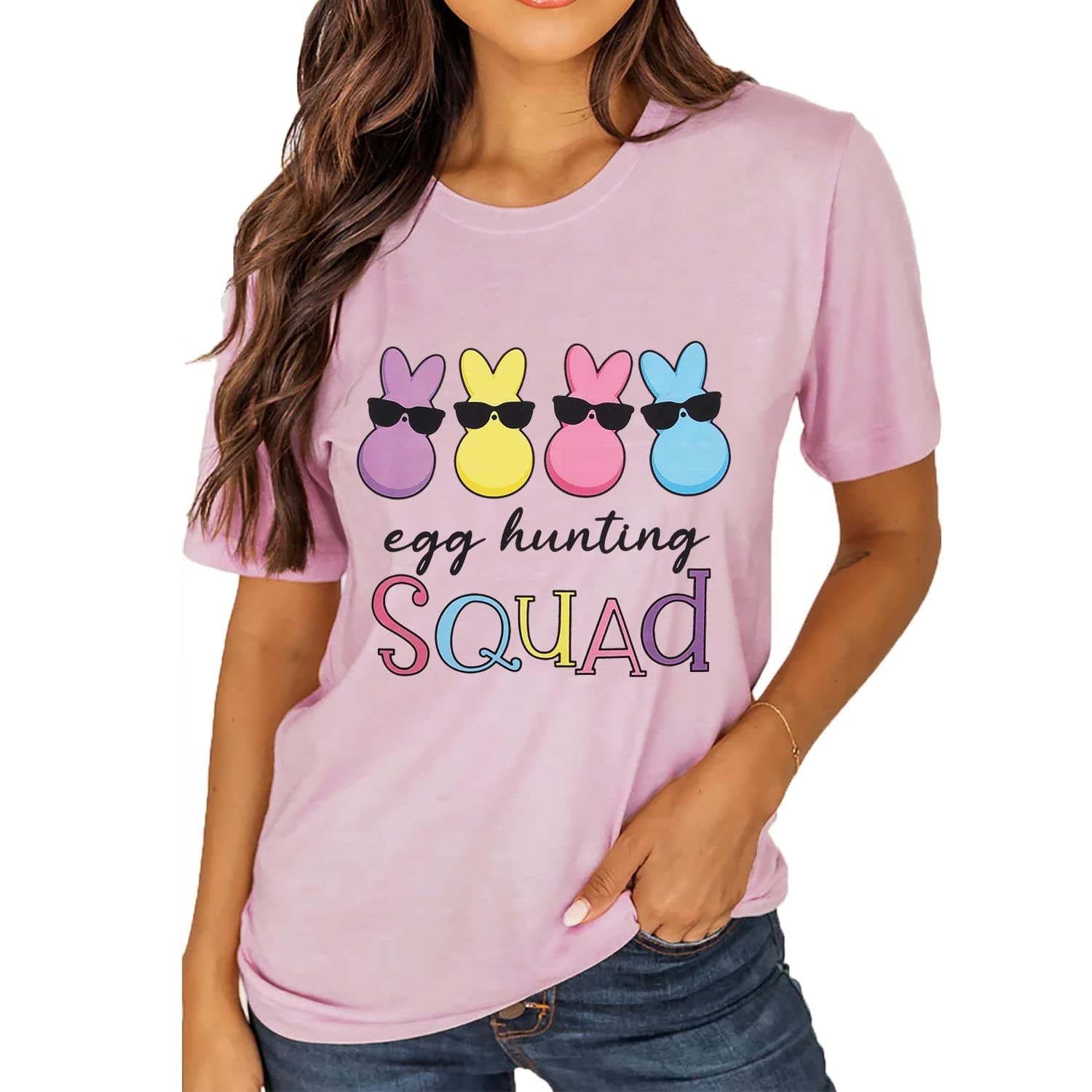 MODNTOGAWomen Happy Easter T-Shirt Bunny Rabbit Graphic T-Shirt Egg Hunting Squad Letter Print Shirts Short Sleeve Tops