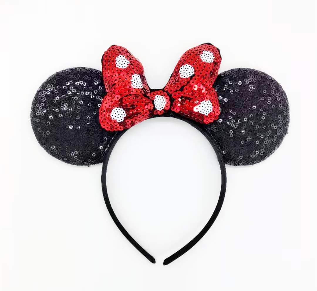 NG Seven Classic Polka Dot Bow Minnie Ears，Mouse Ears Headbands Minnie Sequin Ears Mickey Sequin Ears Adult Minnie Ears Sparkly Minnie Ears (Red)