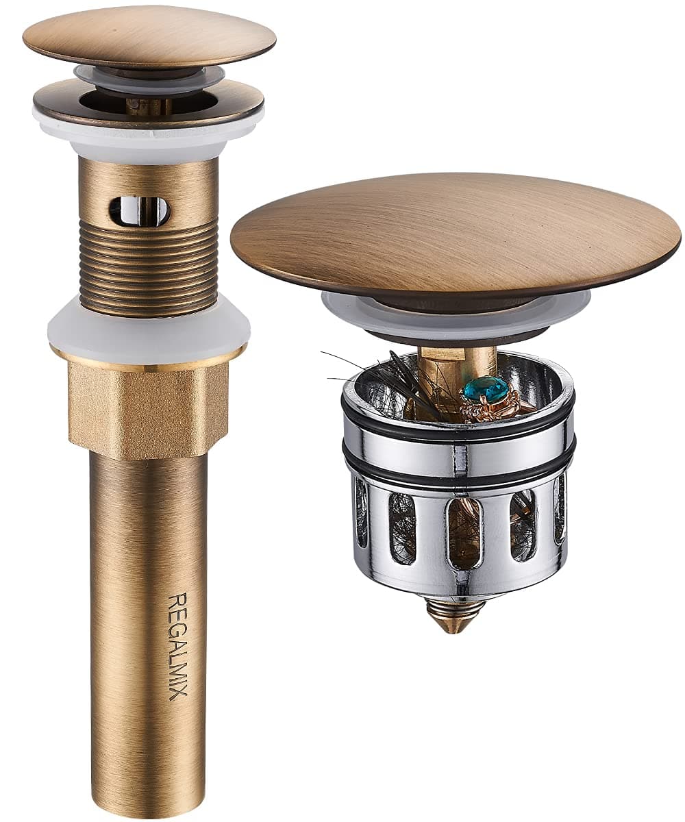 REGALMIXAntique Brass Pop Up Bathroom Vessel Sink Drain Stopper,Built-In Anti-Clogging Strainer, Fits Standard American Drain Hole(1-1/2" to 1-3/4"), with Overflow RWF083R
