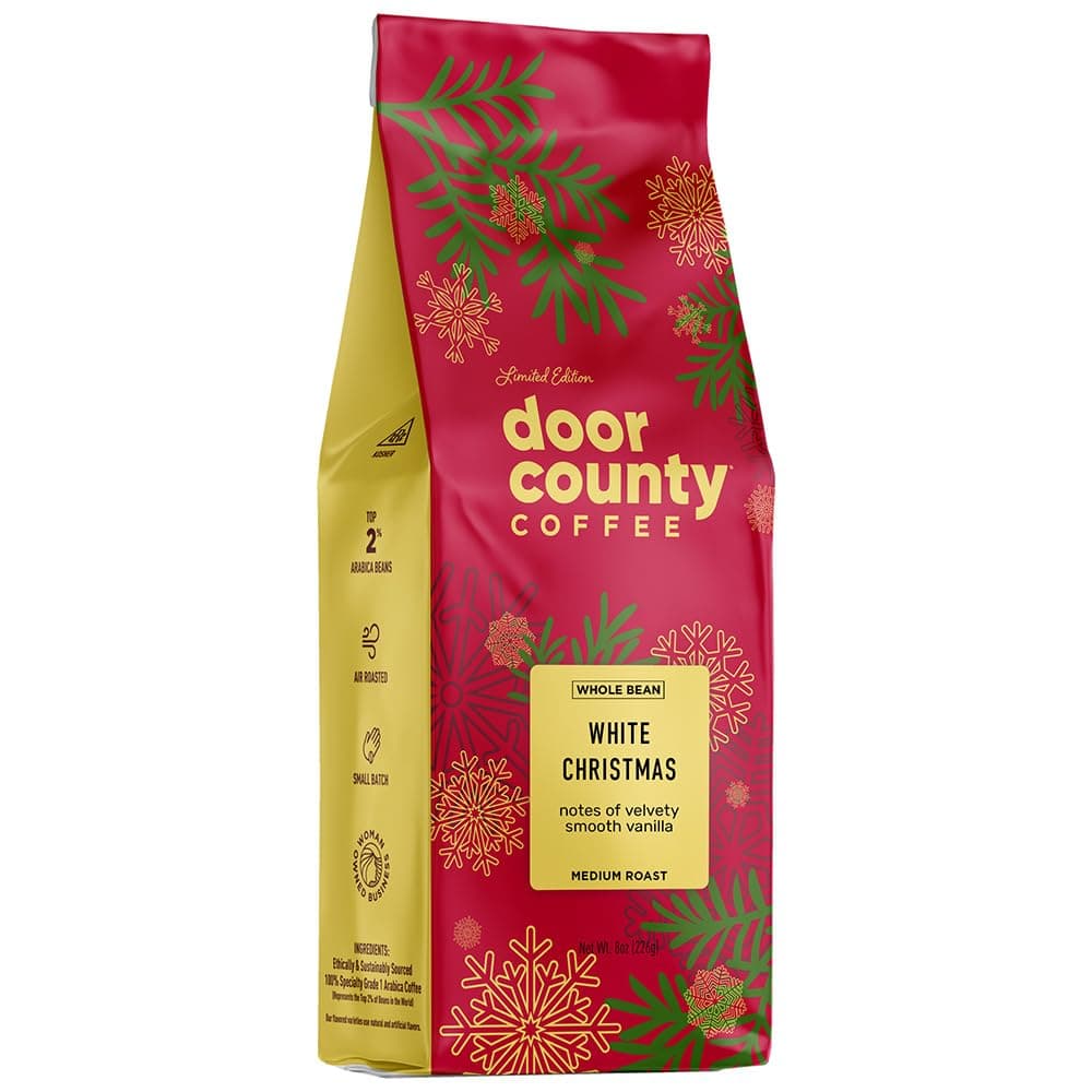 Door County Coffee White Christmas Flavored Coffee Whole Bean - 8oz Bag - Holiday Seasonal - Medium Roast - 100% Specialty Arabica - Vanilla Ice Cream Flavor