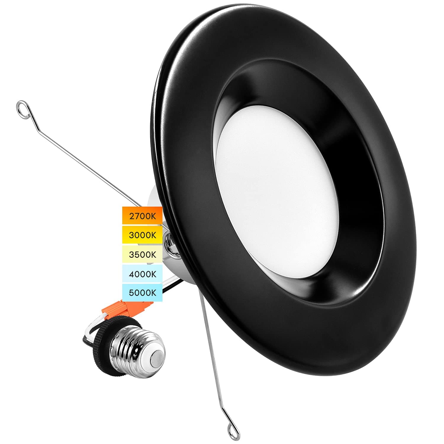 LUXRITE 5/6" LED Recessed Downlight, 14W=90W, CCT Color Selectable 2700K | 3000K | 3500K | 4000K | 5000K, Dimmable Light, 1100 Lumens, Wet Rated, Energy Star, Black Trim, IC Rated