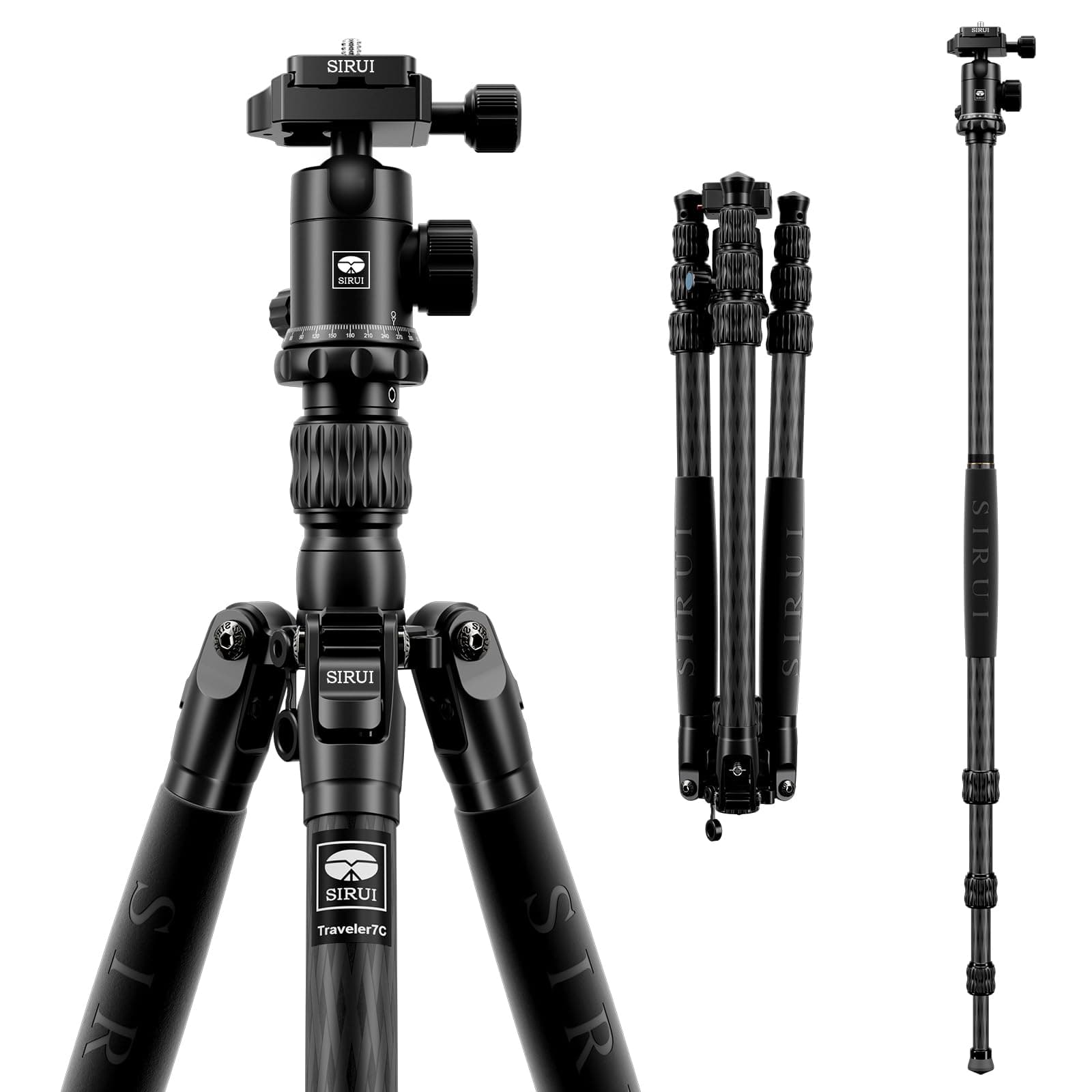 Traveler 7C Carbon Fibre Tripod for Camera, 65" Portable Travel Tripod and Monopod with 360° Panoramic Ball Head, with Extendable Centre Column for DSLR, Camcorder, Max Load 8kg