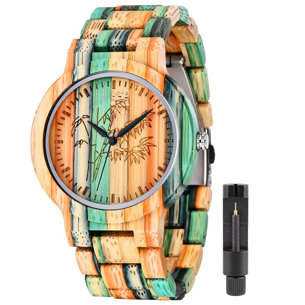 Men Watches with Handmade Colorful Bamboo Wood Watch Analog Quartz Wooden Watch for Men