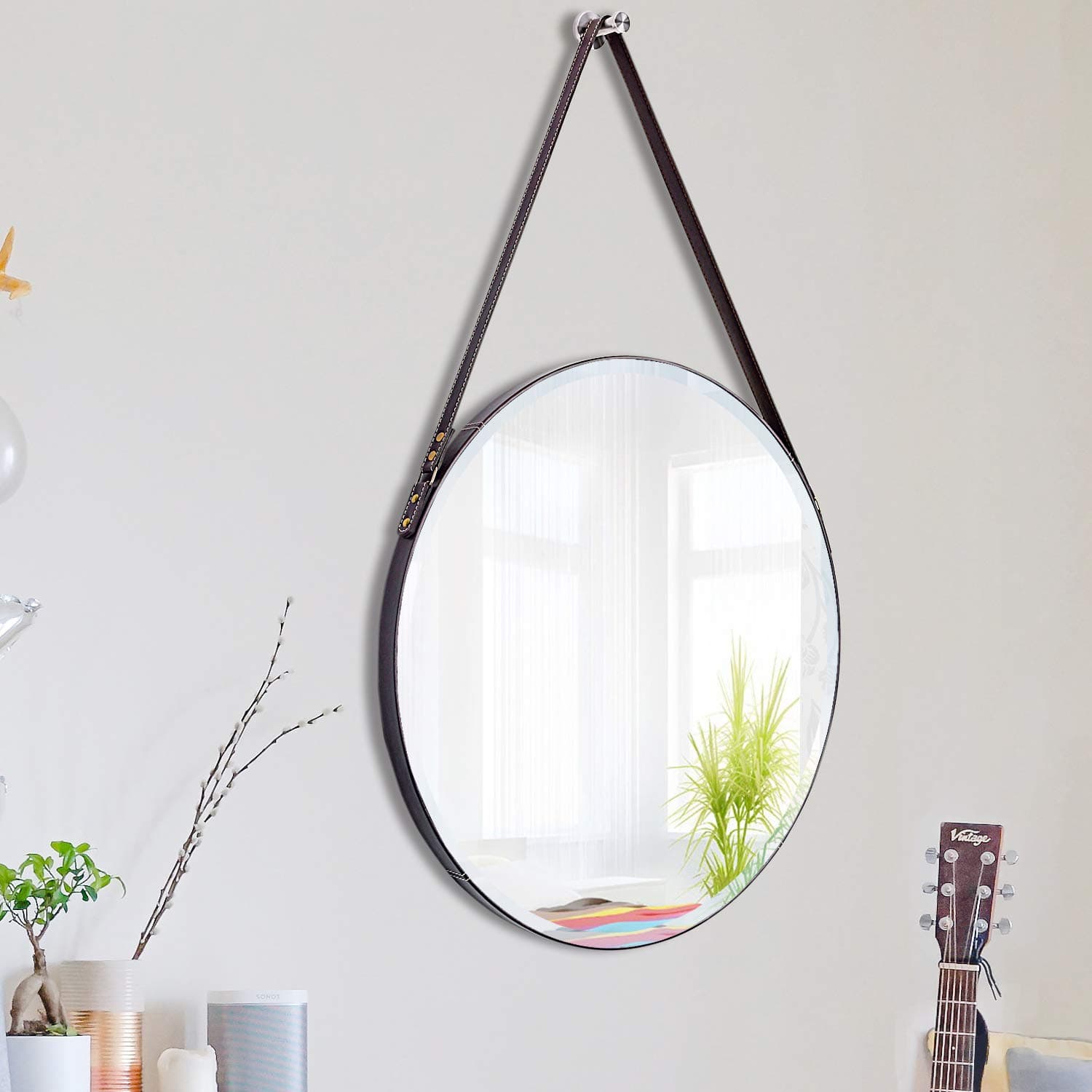 Nugorise 23.6” Round Wall Mirror, Leather Beveled Mirror with Hanging Strap, Decorative Vanity Mirror for Bedroom, Bathroom, Living Room and Entryway, Brown