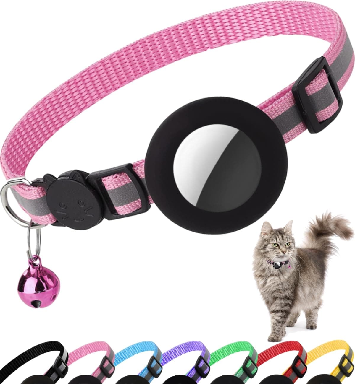 Airtag Cat Collar Breakaway, Reflective Kitten Collar with Apple Air Tag Holder and Bell for Girl Boy Cats, 0.4 Inches in Width and Lightweight(Pink)