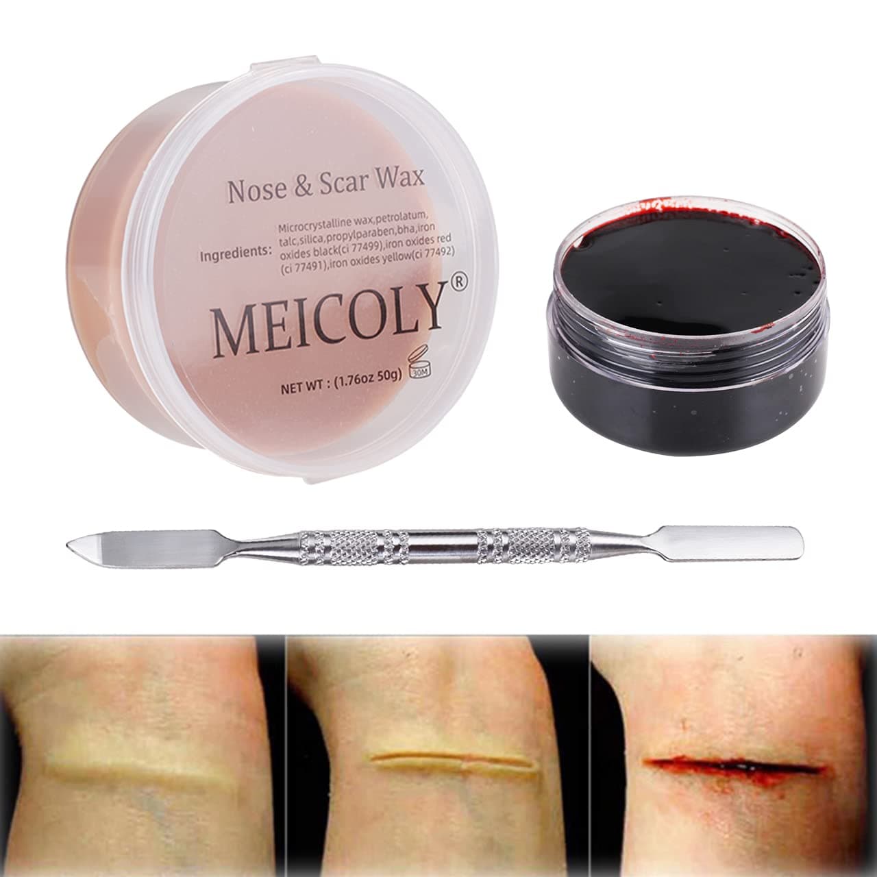 MEICOLY Fake Nose Putty for Santa Christmas Makeup, 3pcs SFX Special Effects Makeup Kit,Scar Wax Fake Scar Modeling Wax for Fake Scar and Wound with Spatula ,Fake Blood Scab Coagulated Blood Gel,Dark