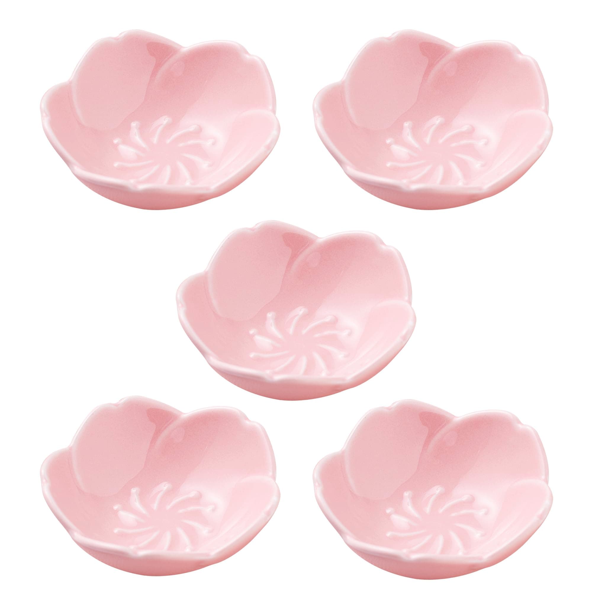 Jusalpha 5 PC Pink Cherry Blossom Ceramic Sauce Dish, Seasoning Dish, Sushi Soy Dipping Bow, Dessert Bowl, Appetizer Plates, Serving Dish for Kitchen Home (Pink, Set of 5)