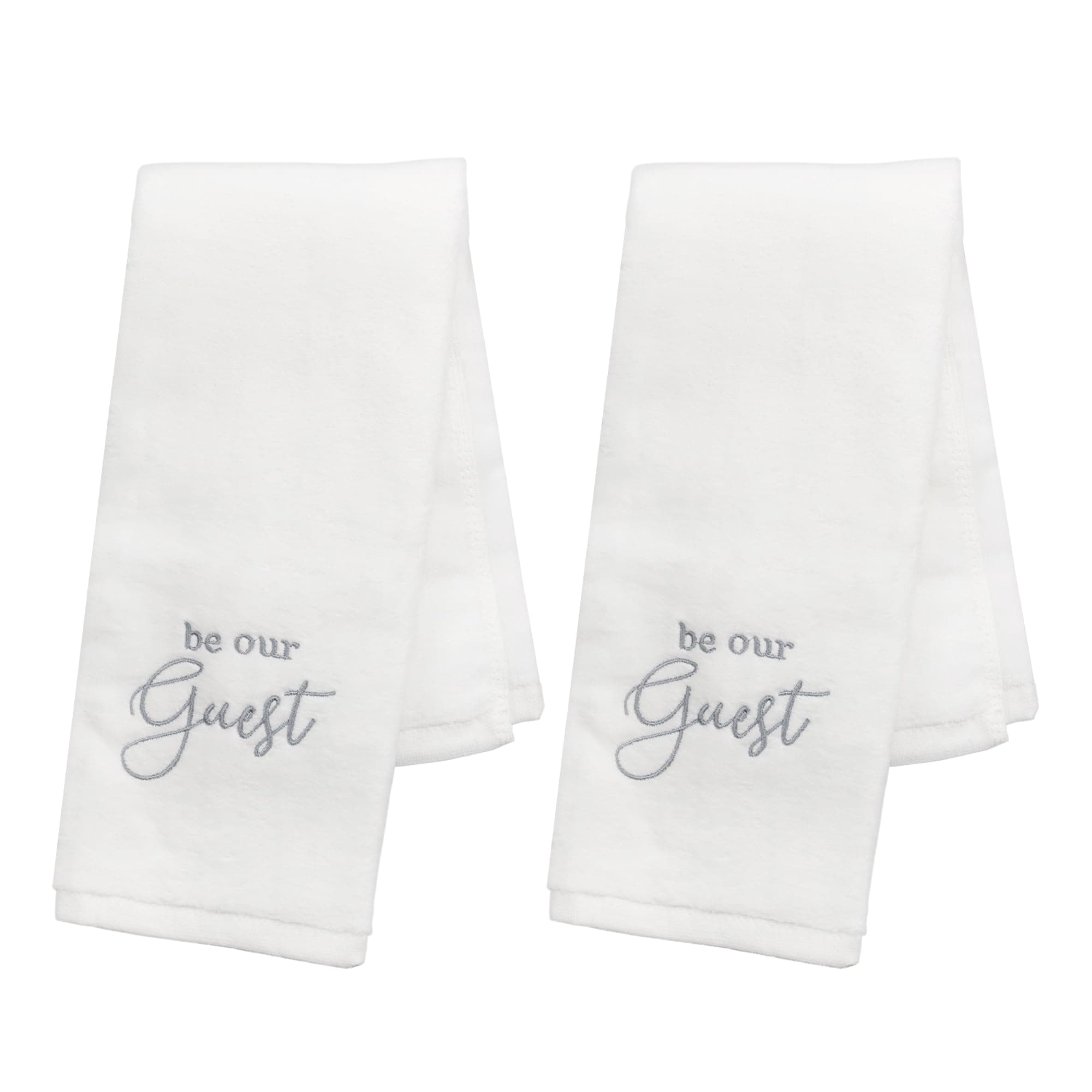 AuldHome Guest Towels (Set of 2); Be Our Guest Monogrammed Hand Towels, White with Gray Script