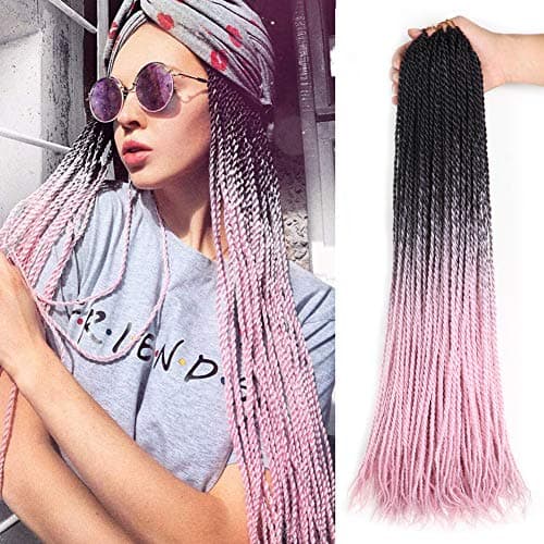 Senegalese Twist Crochet Hair (5Pieces 24Inch) Crochet Braids Synthetic Hair Extension 100g/Pc Ombre Braiding Hair (Black&Light grey-Pink)