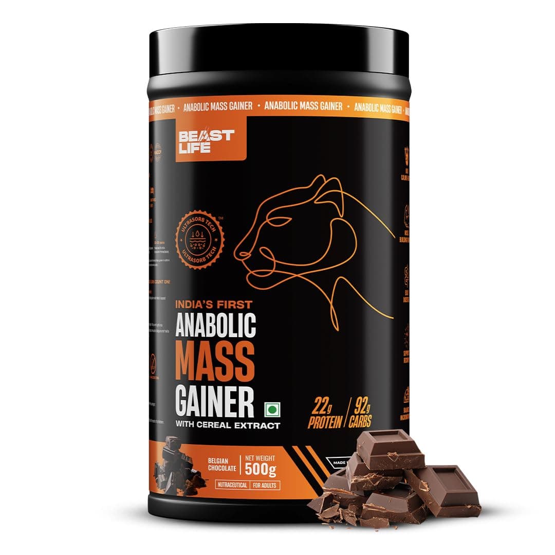 High Protein Mass/Weight Gainer | 500 Gram | Belgian Chocolate | NABL LAB Tested | For Muscle Gain & Fast Growth | Cereal-Based Formula, No Maltodextrin | India's #1 Cereal Based Bulk Gainer