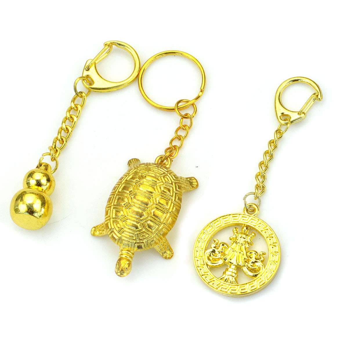 PURPLE WHALE Feng Shui Goldtone Keychain 3 Sets - Good Luck Gourd Wu Lu, Longevity Turtle, Victory Banner amulets – Brings Long Life, Power, Prosperity and Protection