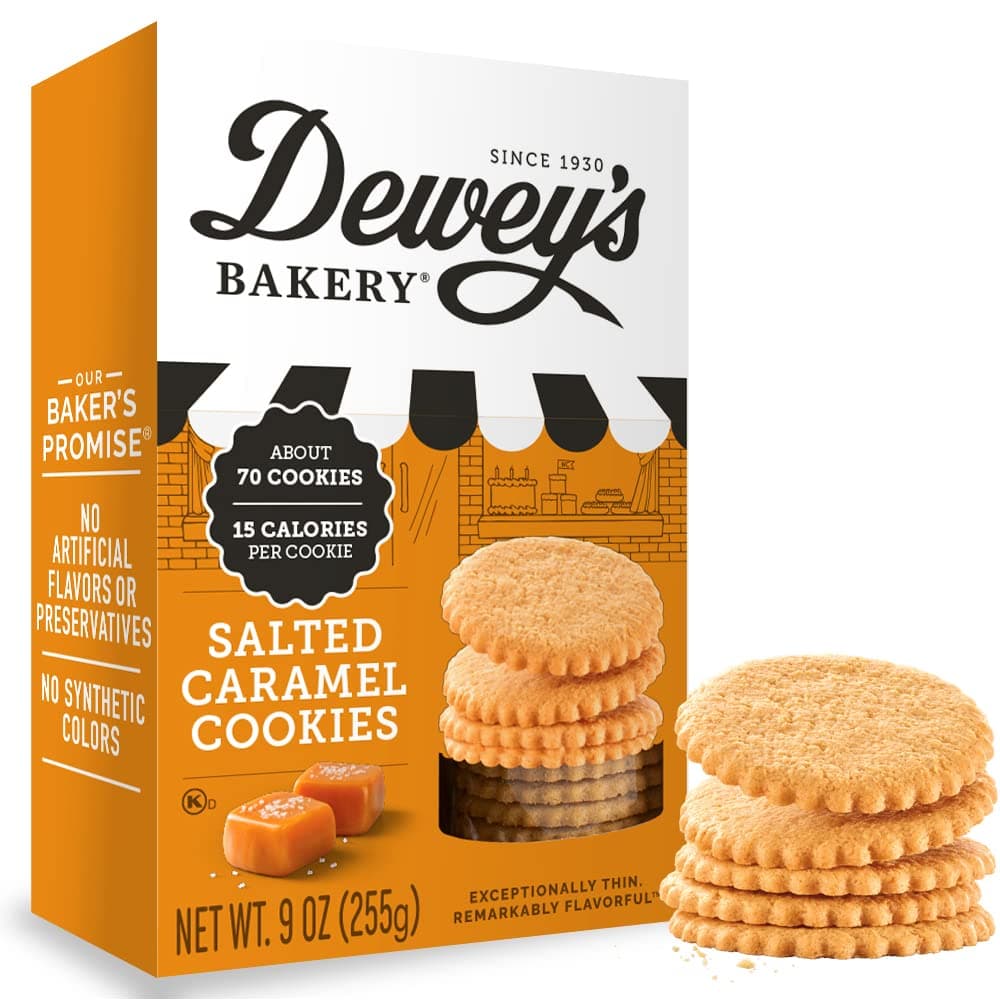 Dewey's Bakery Salted Caramel Cookie Thins | No Artificial Flavors, Synthetic Colors or Preservatives | Baked in Small Batches | 9oz (Pack of 1)