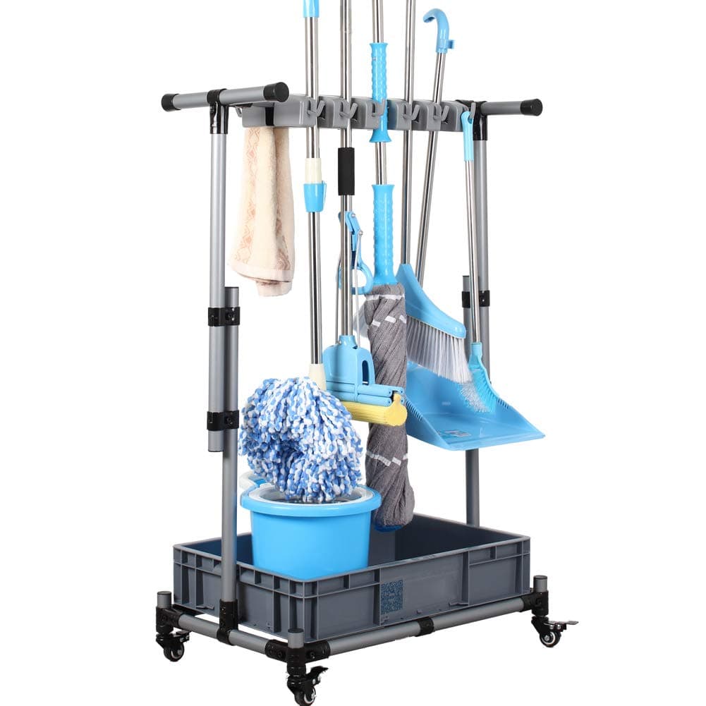 QTJH Broom And Mop Holder Put Wet Movable Floor-Mounted Mop Rack Floor Standing Cleaning Tool Cart Storage For Garden Garage Schools, Hospitals, Factories, Hotels,Property Companies