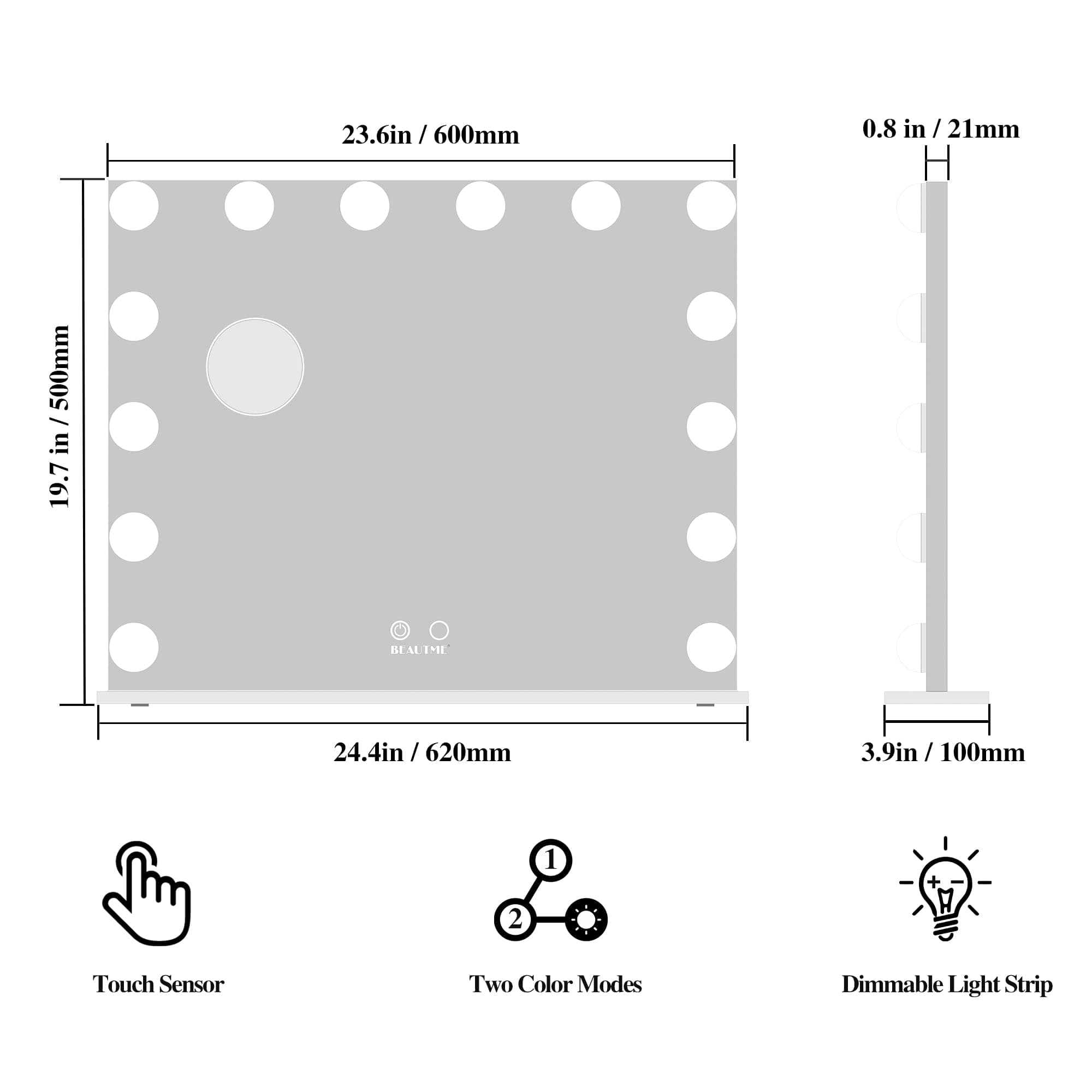BEAUTME Vanity Mirror with Lights 24.4x19.7 Inch,Hollywood Style/Tabletop/Wall Mounted,Detachable 10X Spot Cosmetic Mirror for Vanity/Dressing Room/Bedroom,Silver