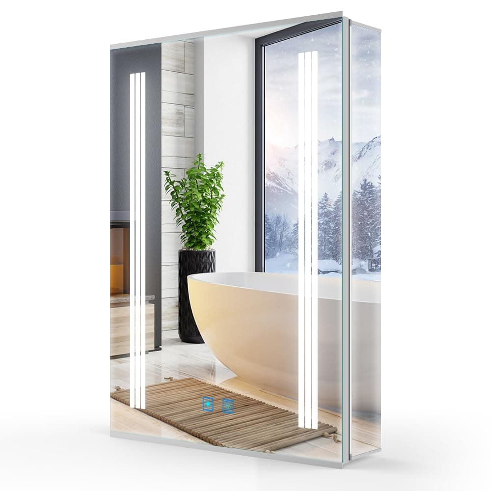 Bathroom Mirror Cabinets with Shaver Socket and Lights, 50x70cm Wall Mounted illuminated Mirrored Cabinet with Built-in LED Lighting, Anti-fog, Touch Switch, Glass Shelves, Aluminum Frame