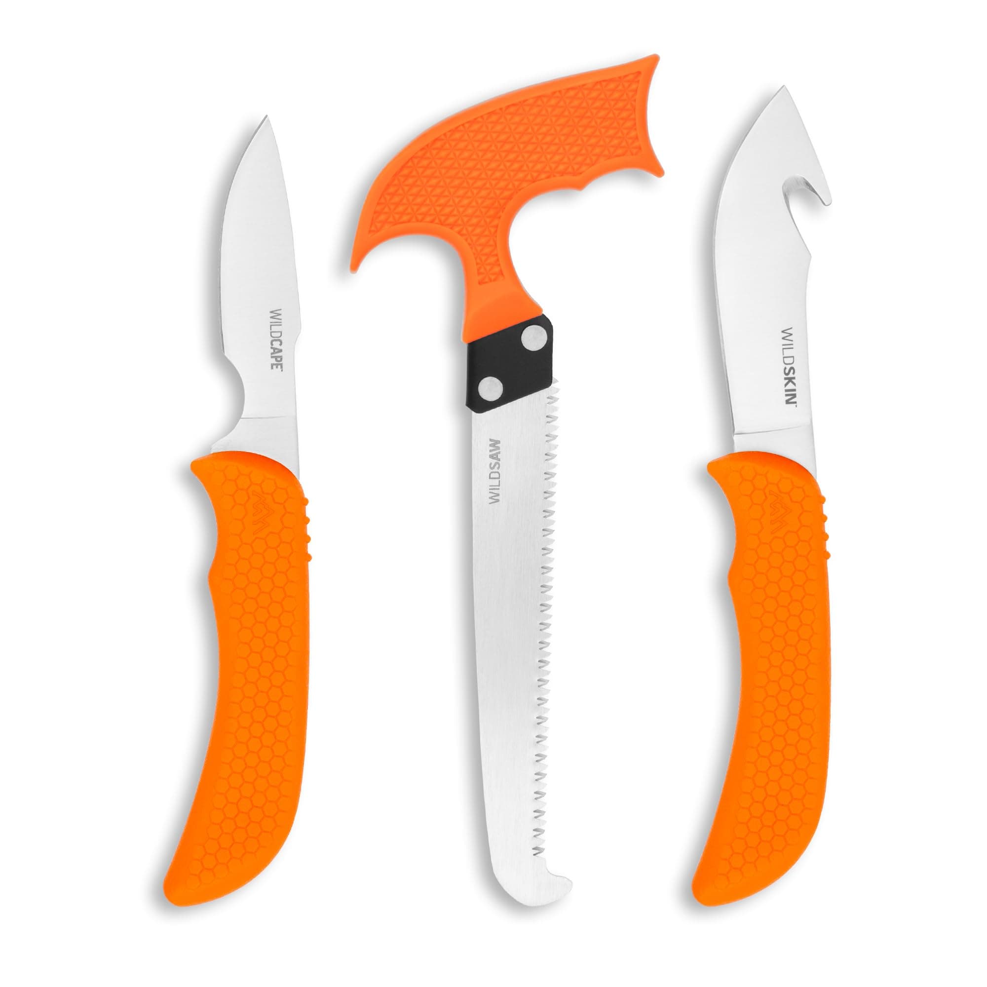 OUTDOOR EDGE WildGuide 4-Piece Hunting Knife Set & Field Dressing Kit | Featuring Razor-Sharp Caping Blade, Gut-Hook Skinning Knife, Bone Saw, in a Camo Nylon Belt Sheath | Butcher Knife Set for Deer