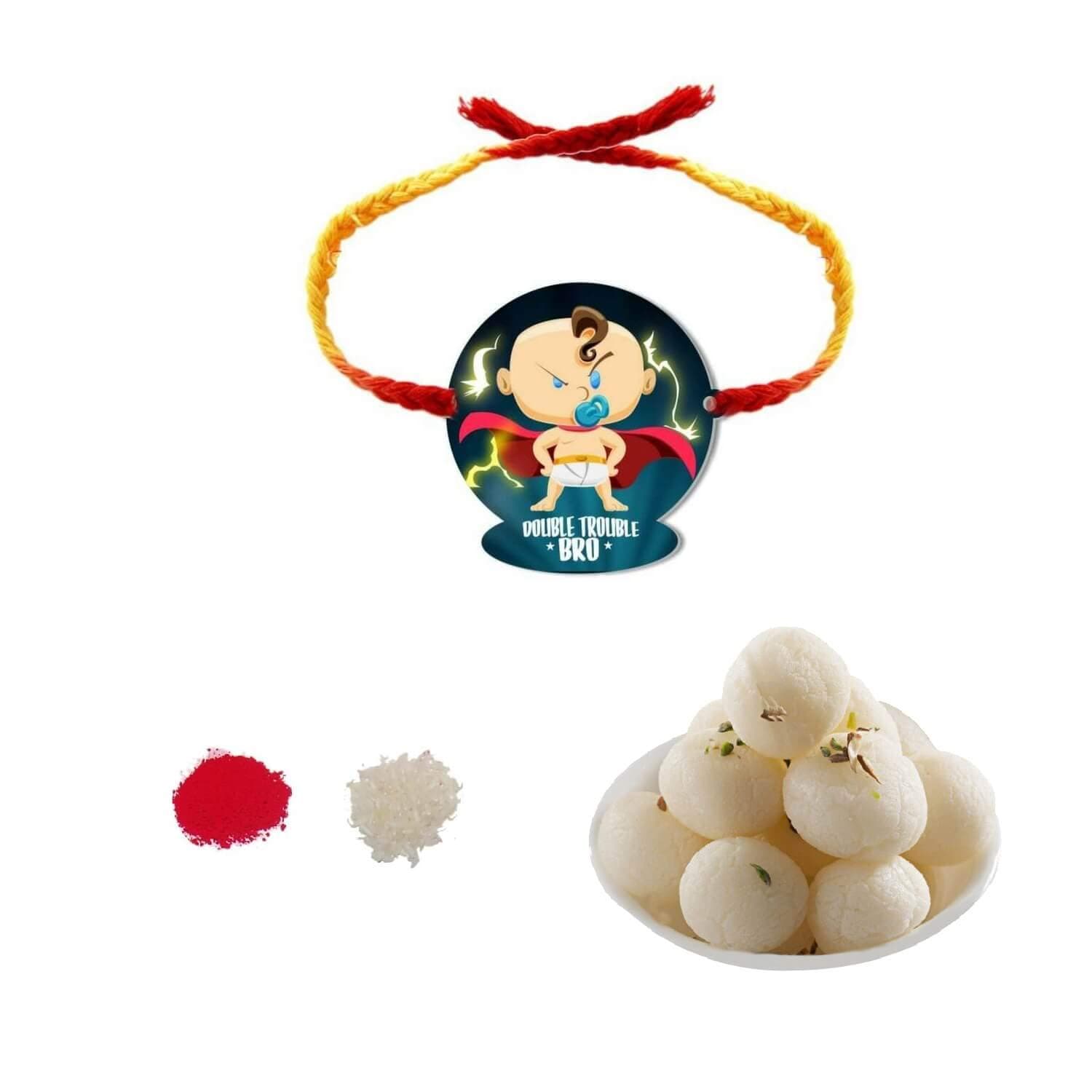 Yaya Cafe Rakhi Sweets Gift Combo for Little Brothers, Double Trouble Bro Rakhi, Rasgulla, Gift Combo Raksha Bandhan