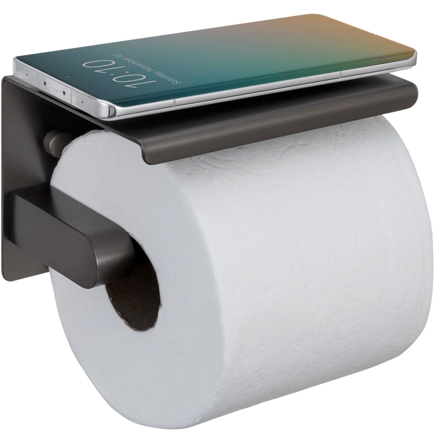 MyGift Modern Toilet Paper Holder with Shelf, Wall Mounted Luxury Hotel Series Sleek Stainless Steel Gunmetal Gray Toilet Roll Dispenser