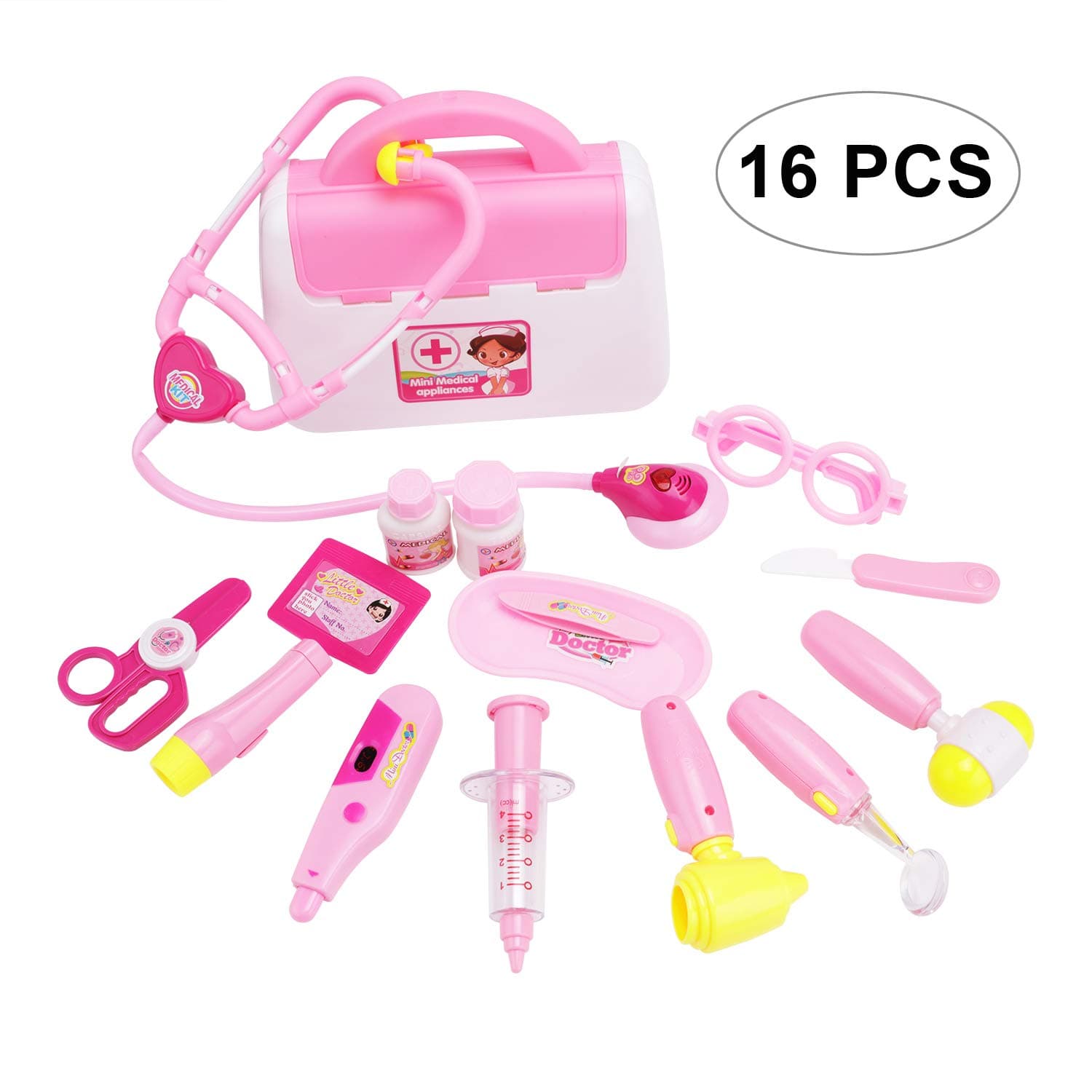 Doctor Kit for Kids with Electronic Stethoscope, 16 PCS Mini Pretend-n-Play Medical Toys Set Doctor Tools Toy Nurse Kit in Pink Durable Gift Case for Toddlers Girls and Boys Birthday Gift