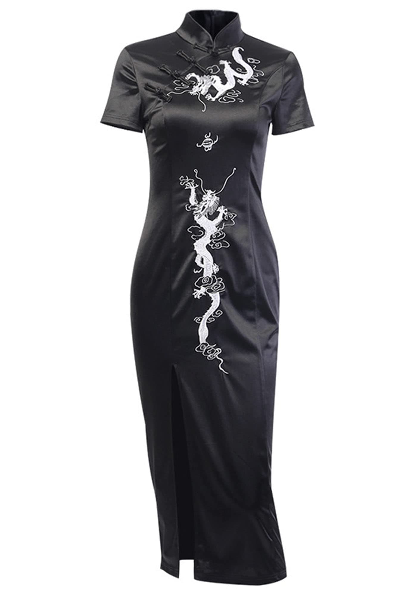 Cheongsam Dress for Women - Gothic Asian Long Maxi Dress with Dragon Print