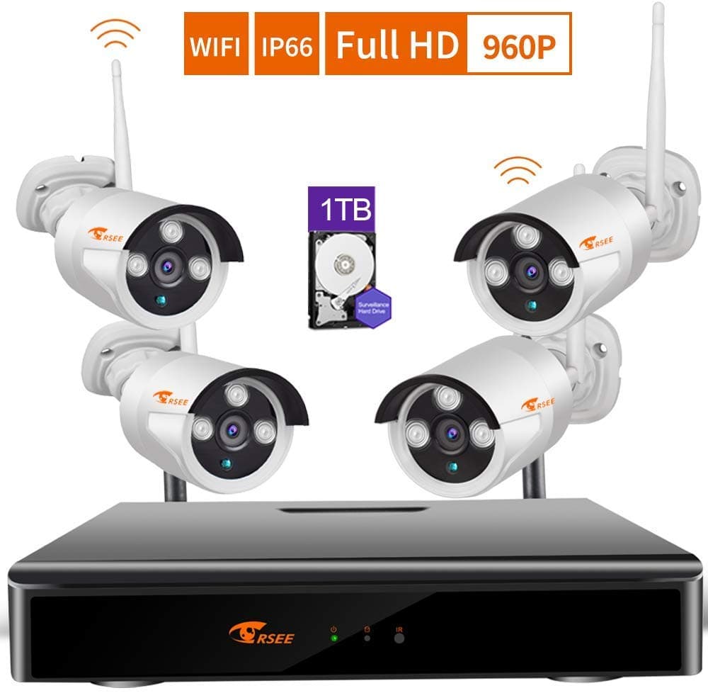 CORSEE 8CH NVR Wireless CCTV Camera System, 4PCS 960P HD 1.3MP WiFi Network Outdoor and Indoor IP Security Cameras, CCTV System With 1TB Hard Dirve (Can Add More Cameras)