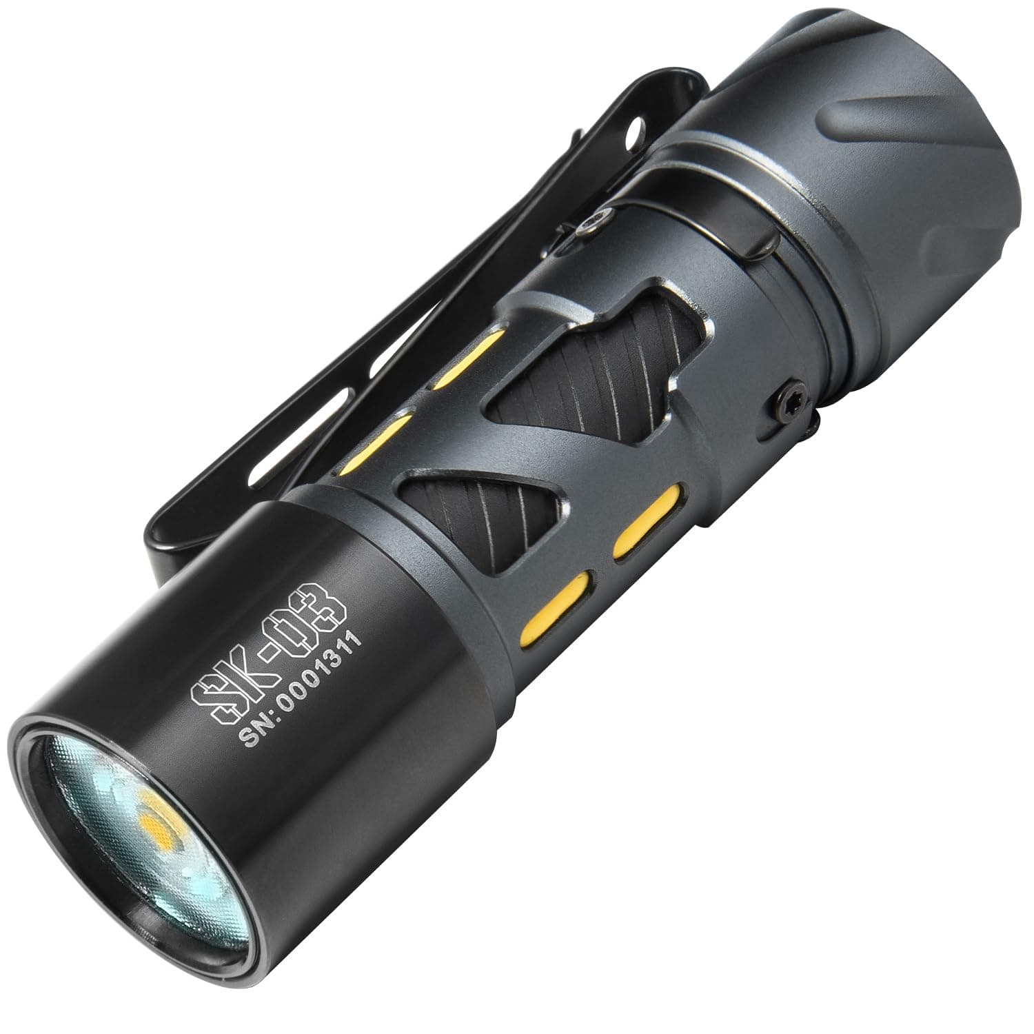 SK03 LED Rechargeable Flashlight with Side Light and 4 Color Filters, 10 Modes, Super Bright Pocket Flashlight with Clip for Outdoor, Camping, Emergency