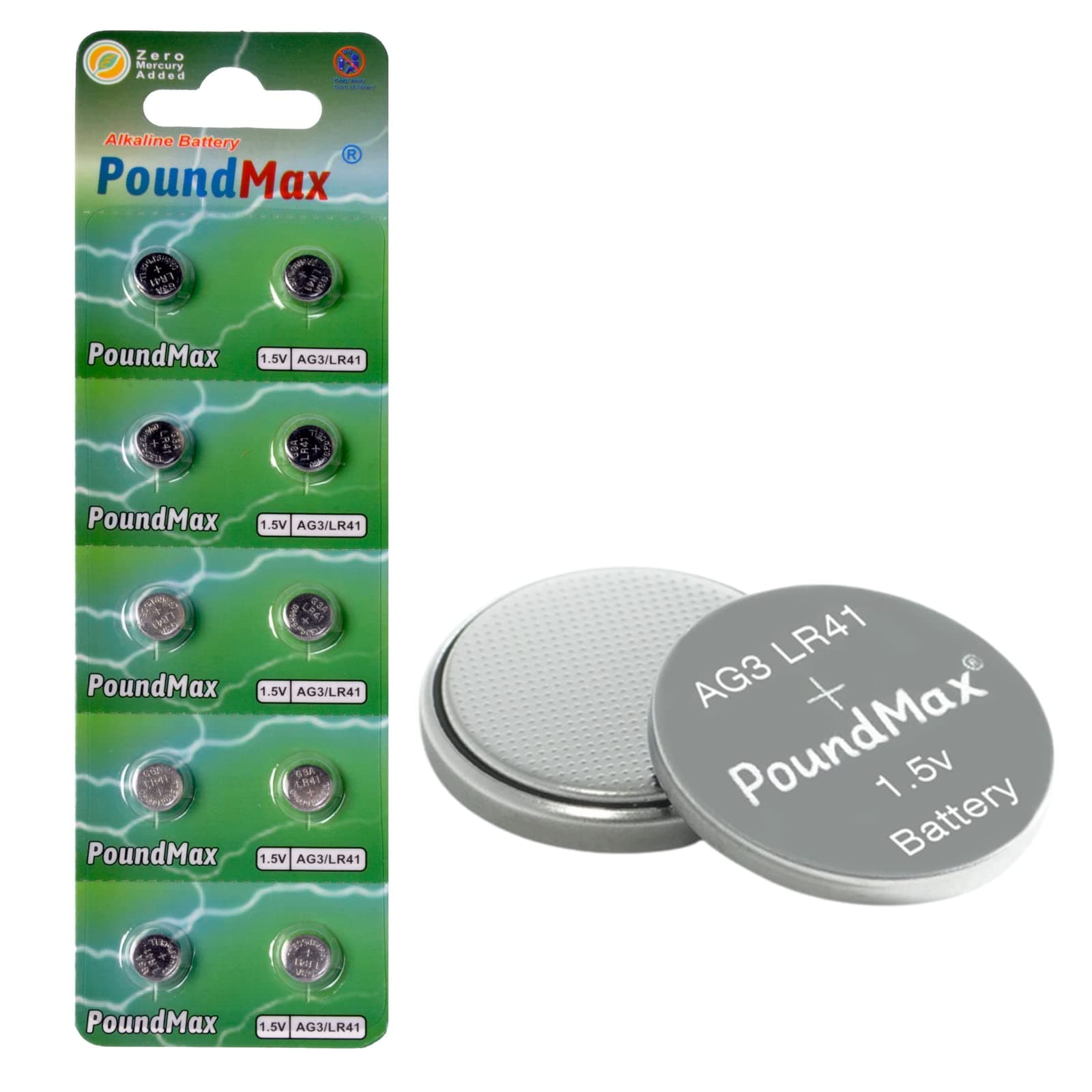 PoundMax AG3 LR41 Batteries 1.5v Alkaline Button Cell Battery - 10 Count