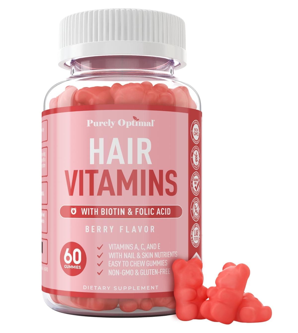 Purely Optimal Premium Hair Vitamins Supplement-Gummy Vitamins w/Biotin, Folic Acid, Vitamins A&D-Supports Faster Hair Growth & Promotes Healthy Hair, Skin, & Nails-60 Non-GMO Berry Flavored Gummies