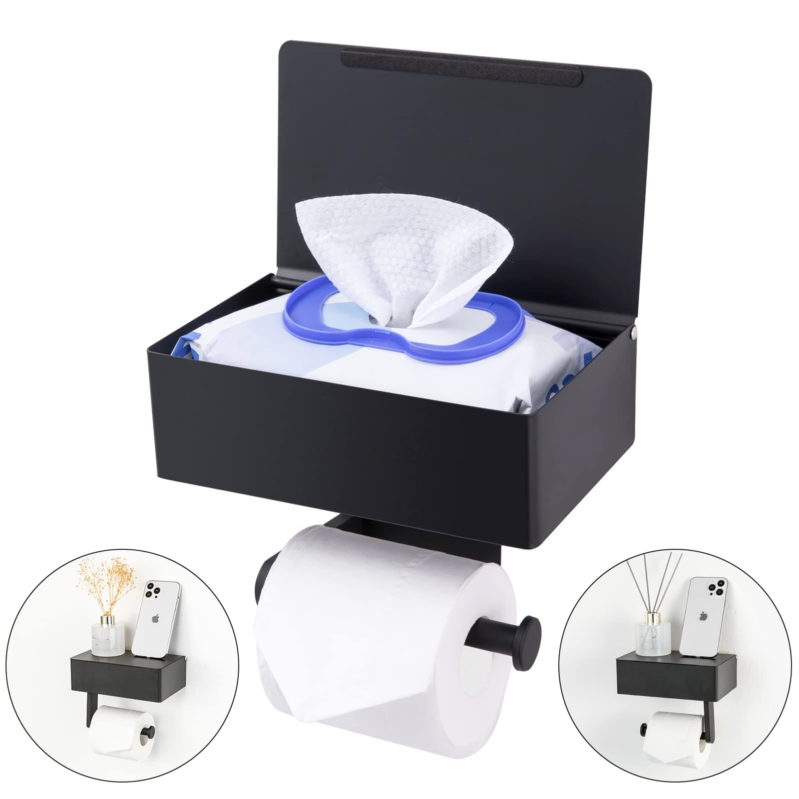 Adhesive Toilet Paper Holder with Shelf and Storage, Wall Mount Toilet Paper Roll Holder & Flushable Wipes Dispenser Set Fits Any Bathroom, Stainless Steel Tissue Holder-Round, Matte Black