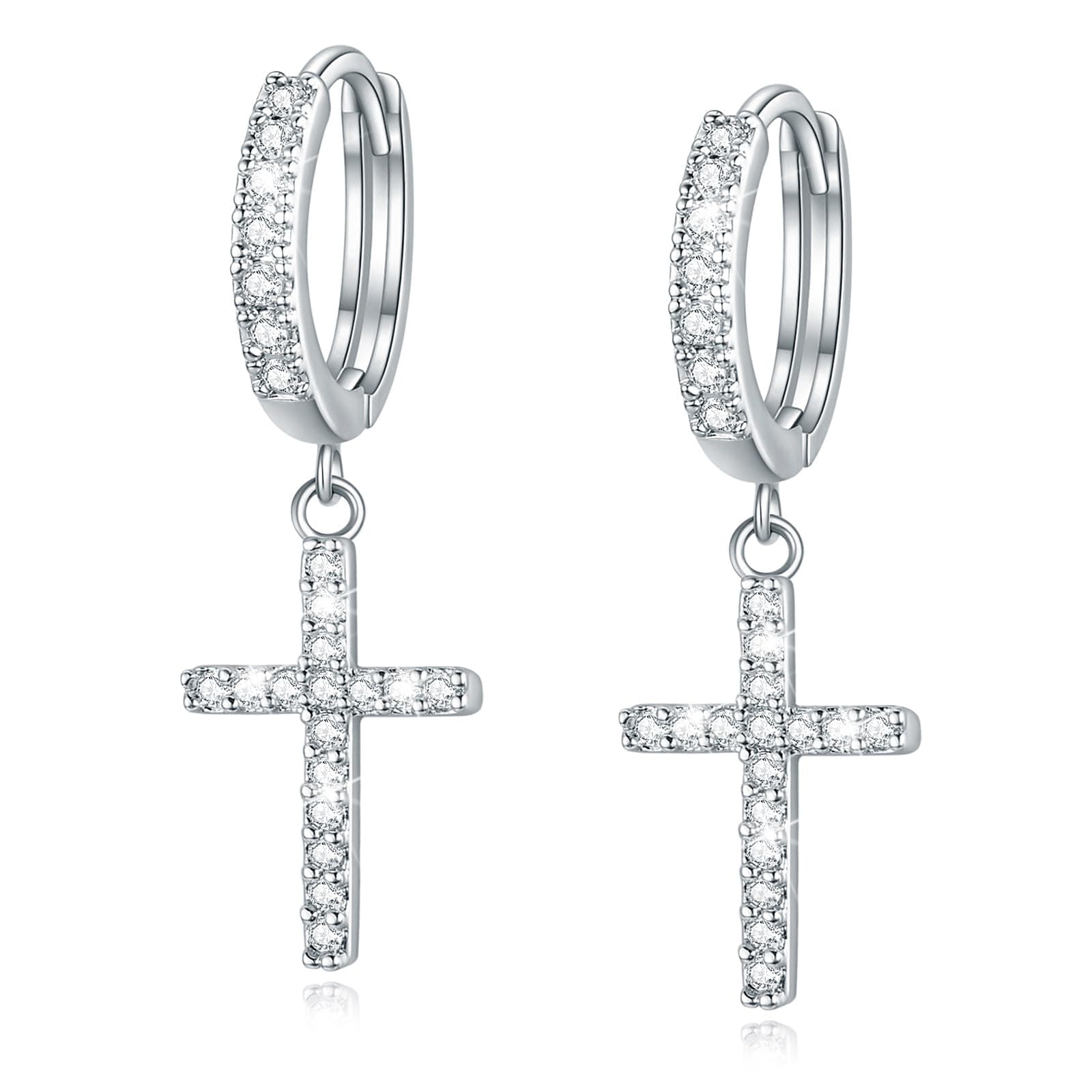 Me&Hz Sterling Silver Plated Cross Earrings Silver Huggie Hoop Earrings Cubic Zirconia Cross Charm Dangle Drop Earrings for Women Men Teen Girls, Sterling Silver Brass Cubic Zirconia, Cubic Zirconia