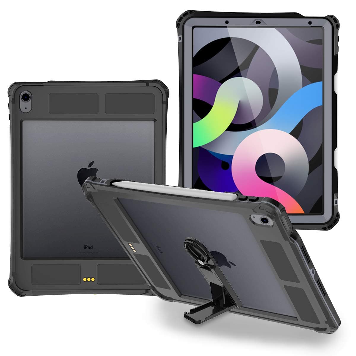 ShellBox Casefor iPad Air 5&4 2020-2022, Waterproof Case Protective Dustproof Shockproof Case Cover with 360° Full-Body Protection, with Lanyard and Kickstand (Black)