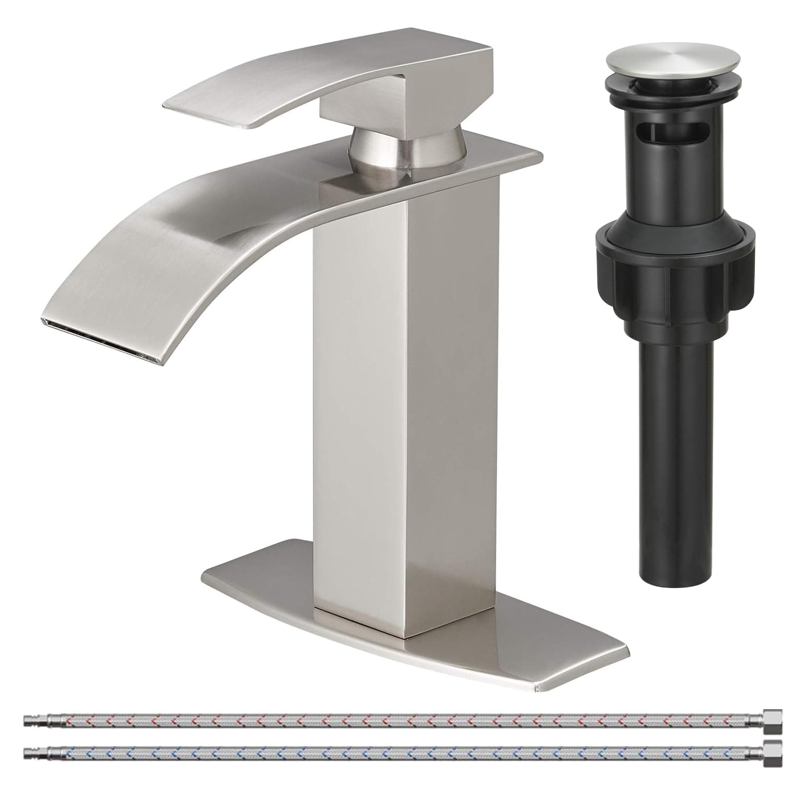 BESy Waterfall Bathroom Faucet, Single Handle Bathroom Vanity Sink Faucet, Rv Faucet Deck Plate, Stainless Steel Brushed Nickel, 1 or 3 Hole with Pop Up Drain