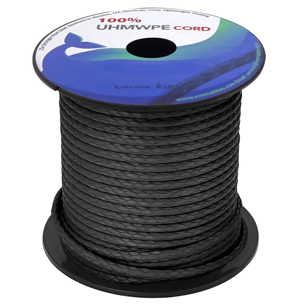 emma kites 100% UHMWPE Braided Cord Heavy Duty Abrasion Resist. Low Stretch Utility Cord for Kites Surfing Whoopie Rigging Spearfishing Kayak Survival Repair, Black 1/8"(Dia.