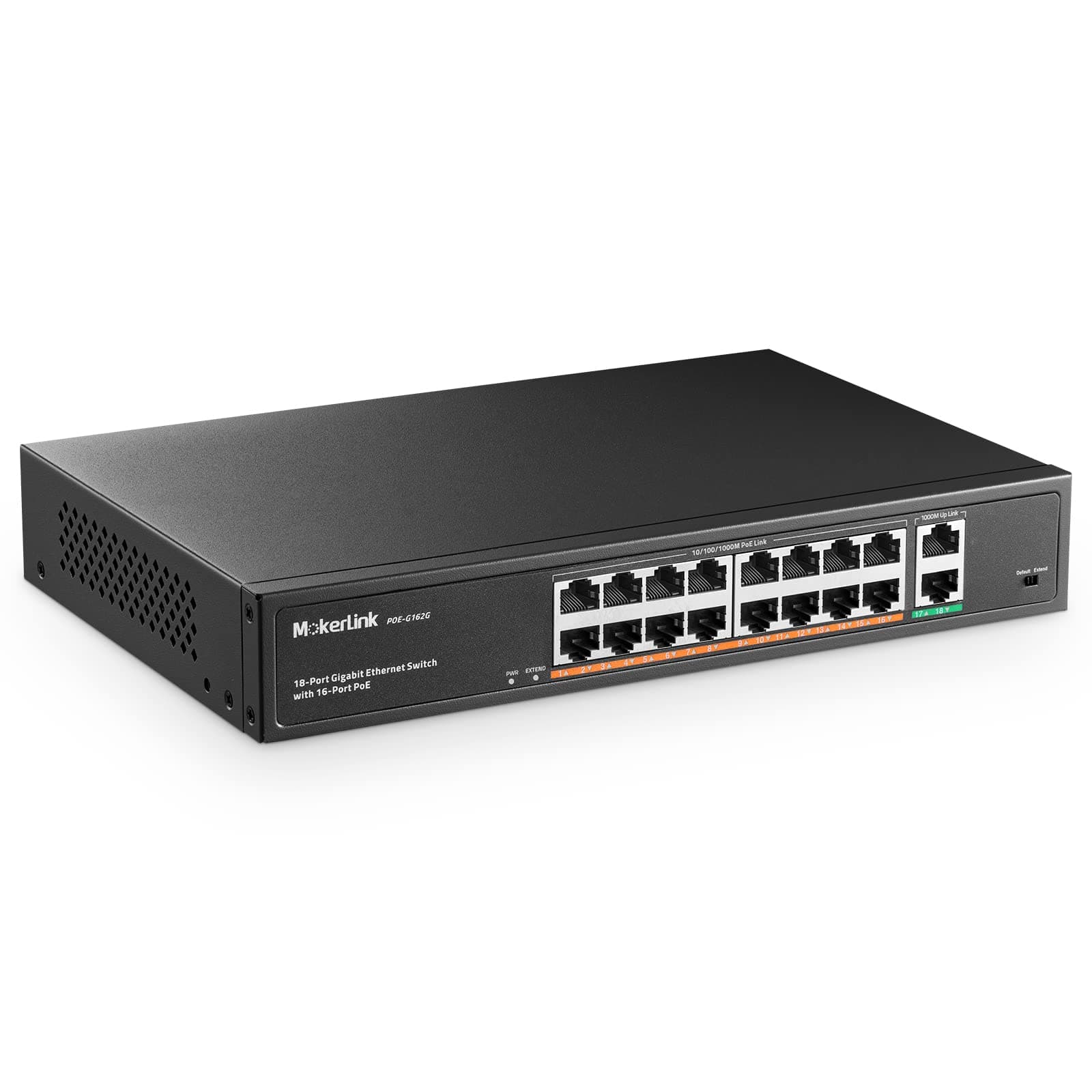 18 Port Gigabit PoE Switch, 16 Gigabit PoE+ Ports, 2 Gigabit Uplink, 250W IEEE802.3af/at, Metal Rackmount Unmanaged Plug and Play Ethernet Switch
