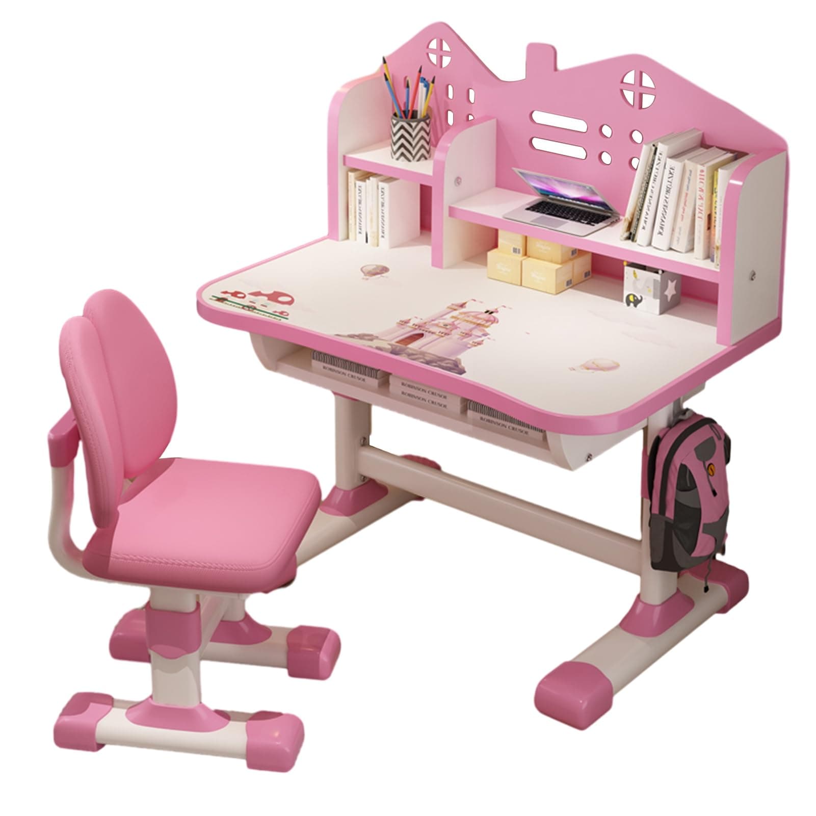 ohfruit Kids Table Chair Sets Multi Functional Desk Set with Drawers and Storage Adjustable Children School Study Table Chair Set with Pattern for Boys Girls Pink Cartoon 3