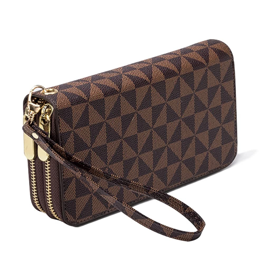 Women's Wallet Double Zipper Pocket Wallets with Wrist Strap, Leather Credit Card Purse for Women Men (Brown)