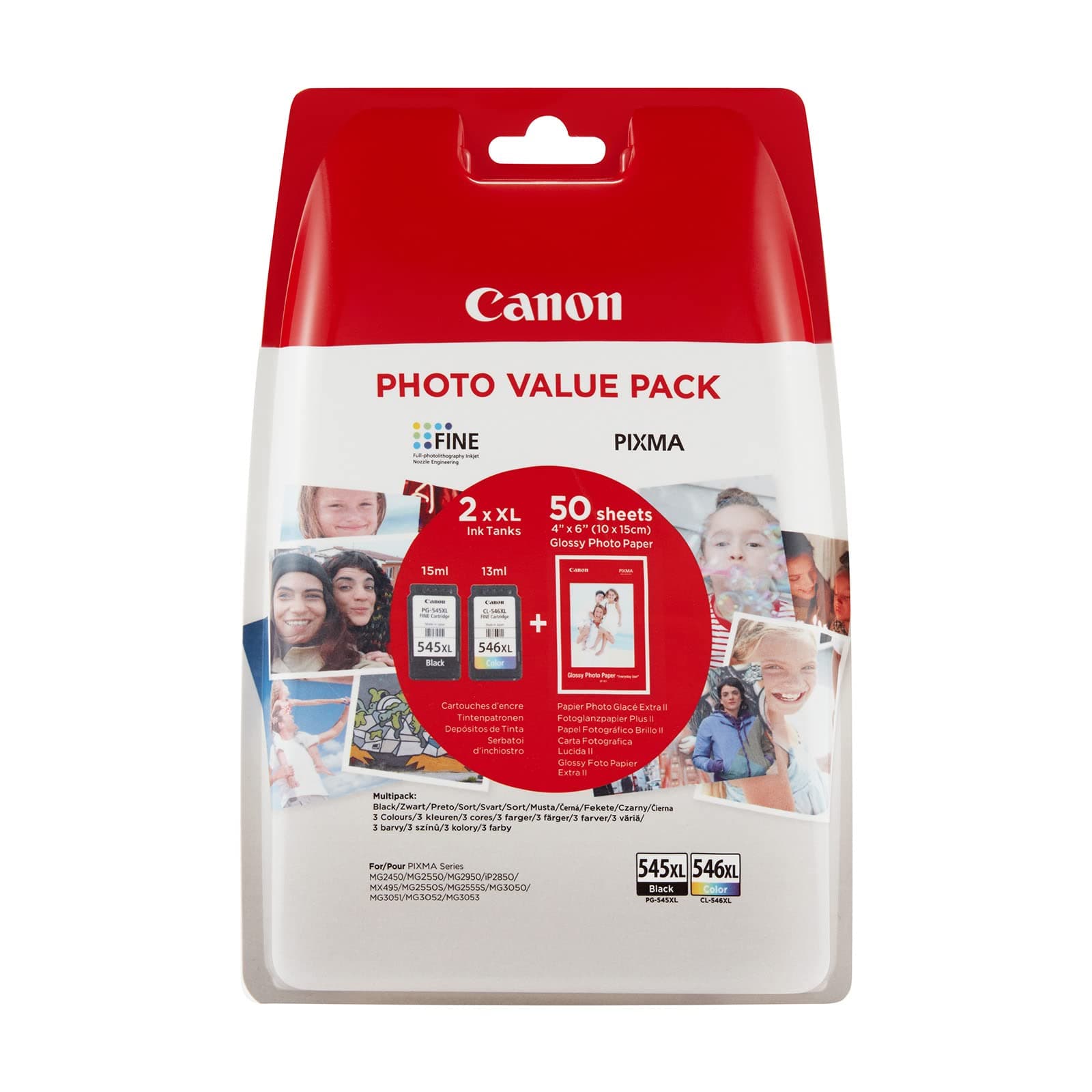 Canon Genuine Ink Cartridges PG-545XL/CL-546 XL + Photo Paper Value Pack For Selected T, TR, IP, MX and MG Series, Black/Yellow/Magenta/Cyan,2421U95