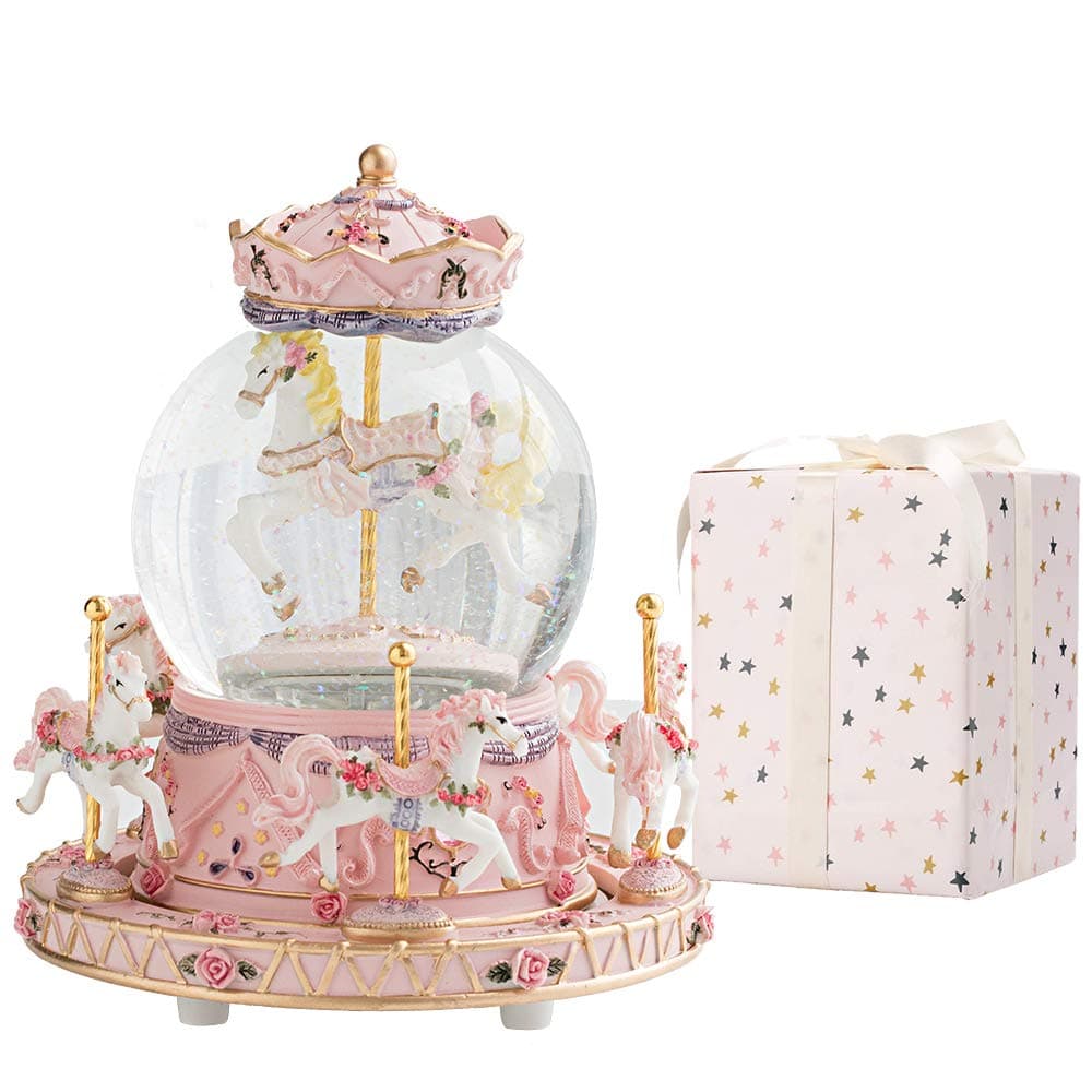 Luxury Color Change LED Light Luminous Rotating 6-Horse Carousel Horse Music Box (Plays You Are My Sunshine, Pink)