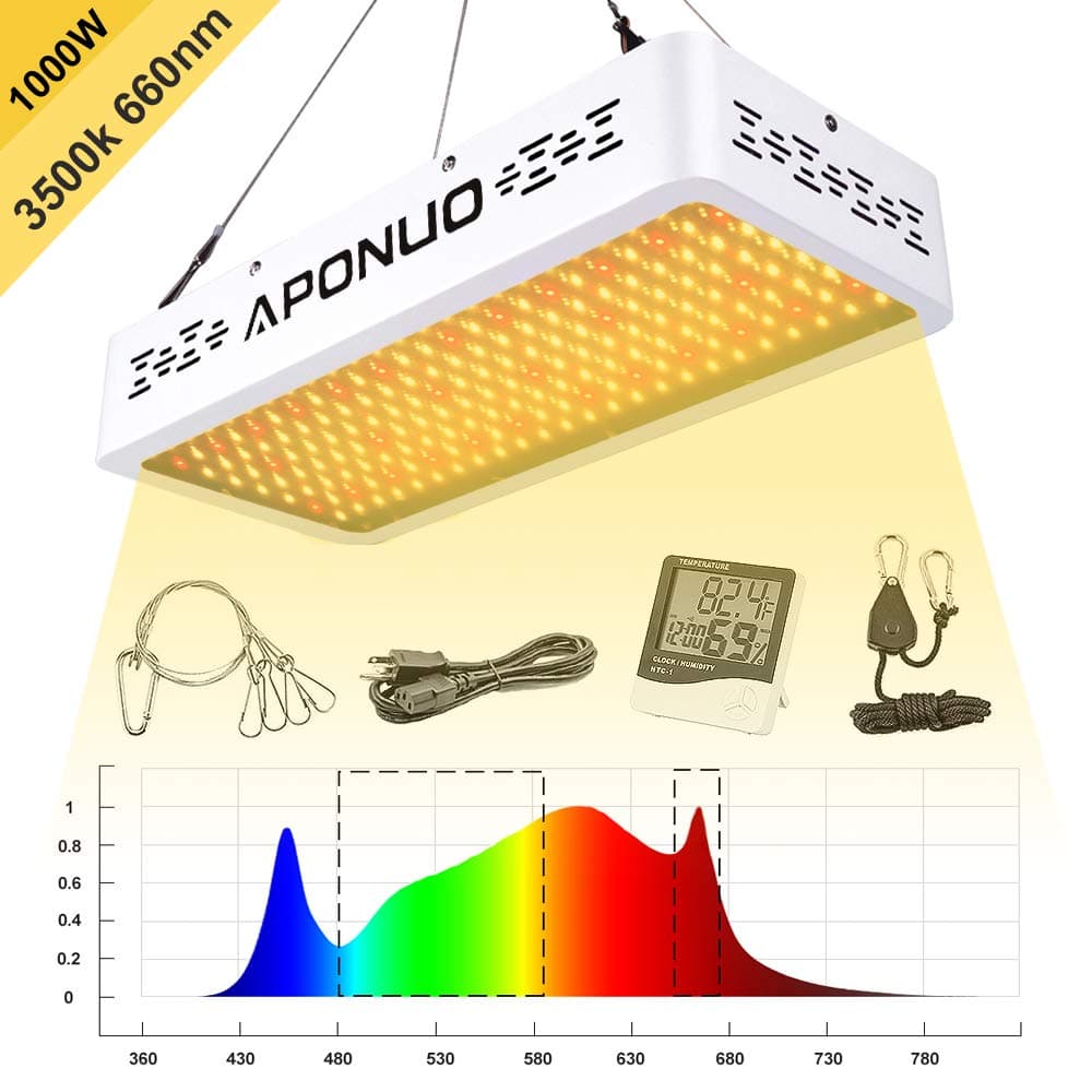 APONUO Led Grow Light 1000W Full Spectrum Sunlight 3500K White and 660nm Red Added Grow Lights for Indoor Plants Hydroponic Veg Bloom Seedling with Thermometer Hygrometer