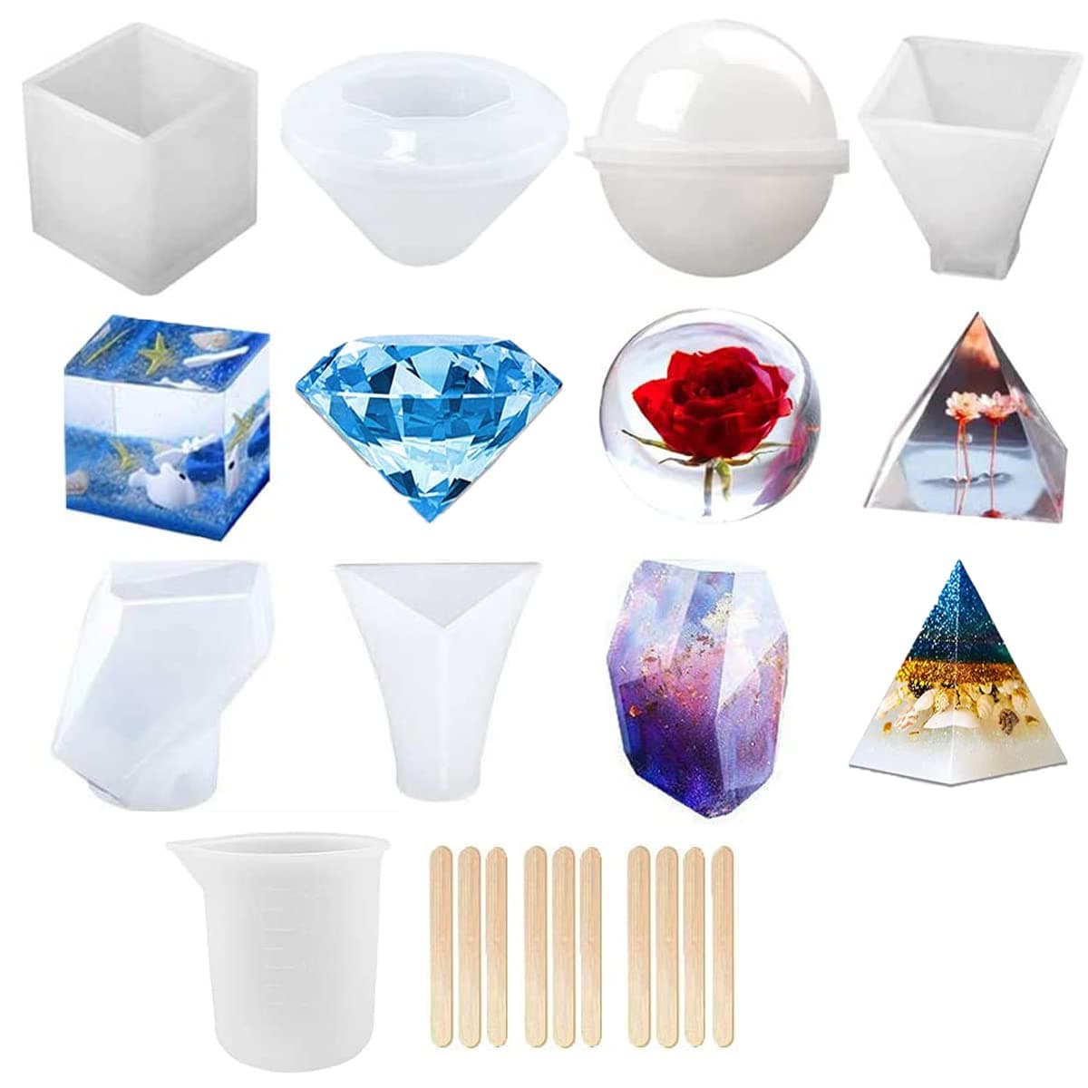 Resin Casting Molds,Silicone Epoxy Resin Mold for DIY Jewelry /Candle/Soap Making and Crafting, with Silicone Measurement Cup& Wood Sticks