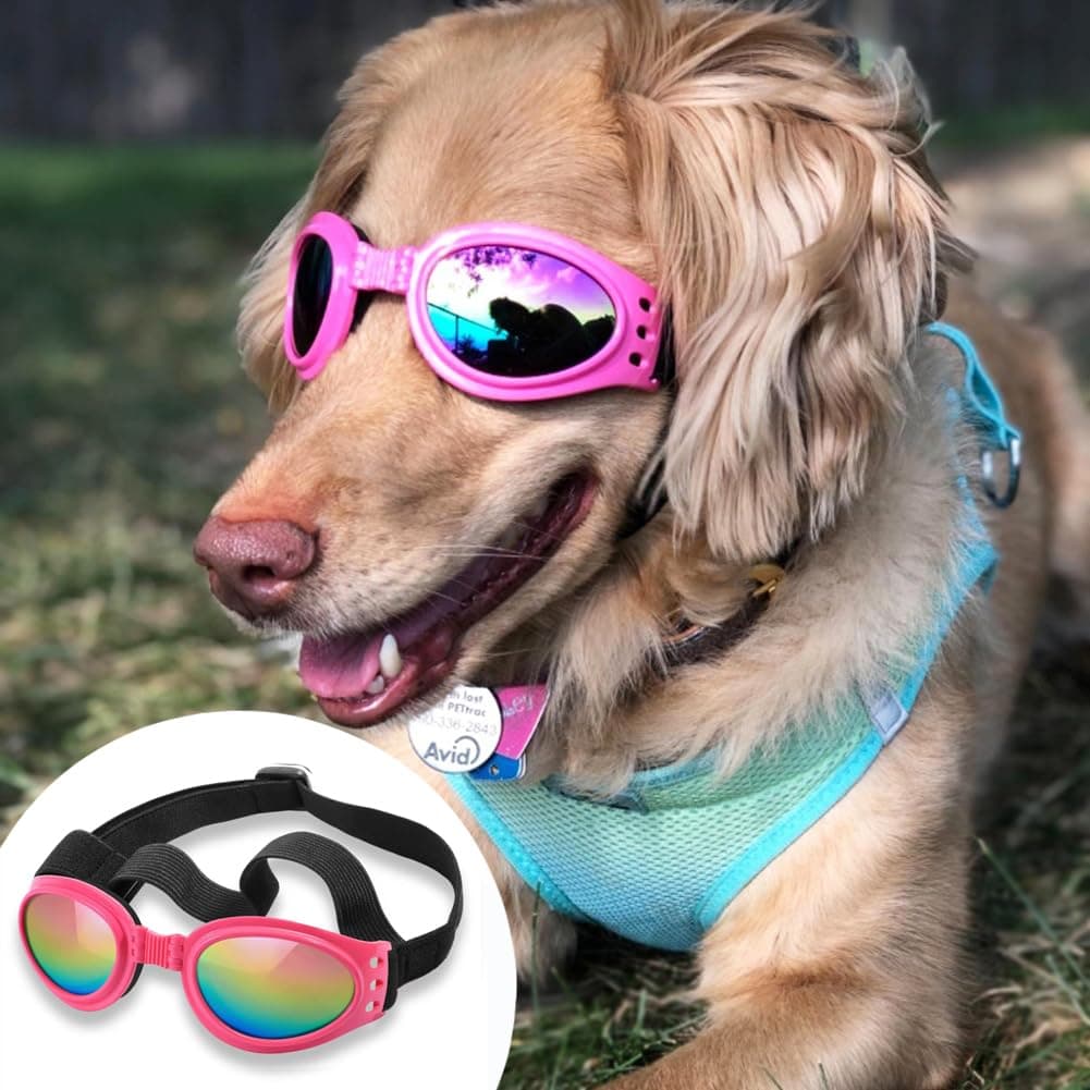 QUMY Dog Sunglasses Dog Goggles for Medium Large Breed Dogs, Wind Dust Fog Protection Eye Wear Pet Glasses with Adjustable Strap for Motorcycle Car Driving Bike Riding Hiking Swimming Over 15lbs Pink