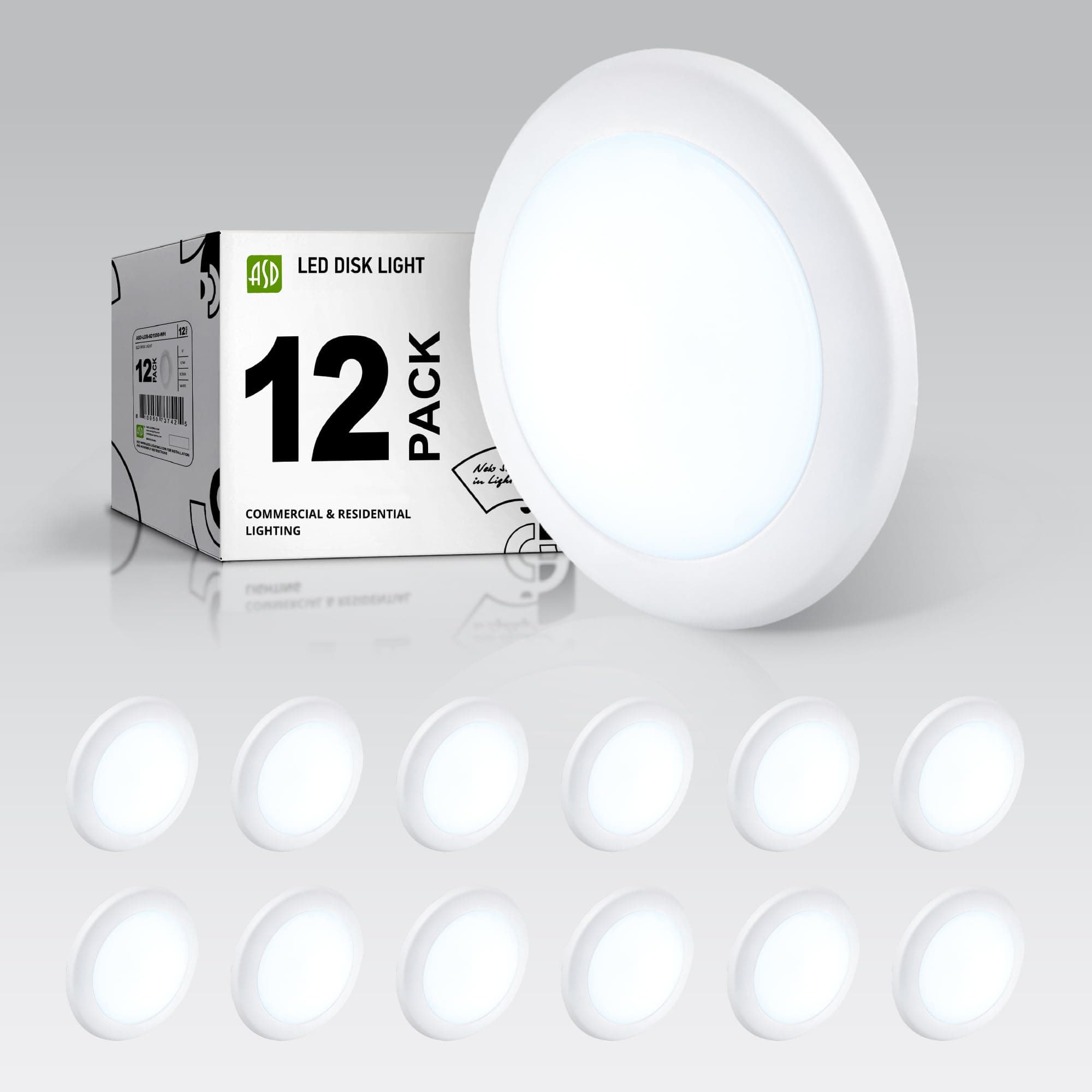ASD 12 Pack LED Disk Lights 6 Inch, 15W 5000K Daylight 1300LM CRI90+, Dimmable Flush Mount Ceiling Light Fixture, Low Profile Surface Mount Disc, Junction Box or Recessed Can Install, ETL