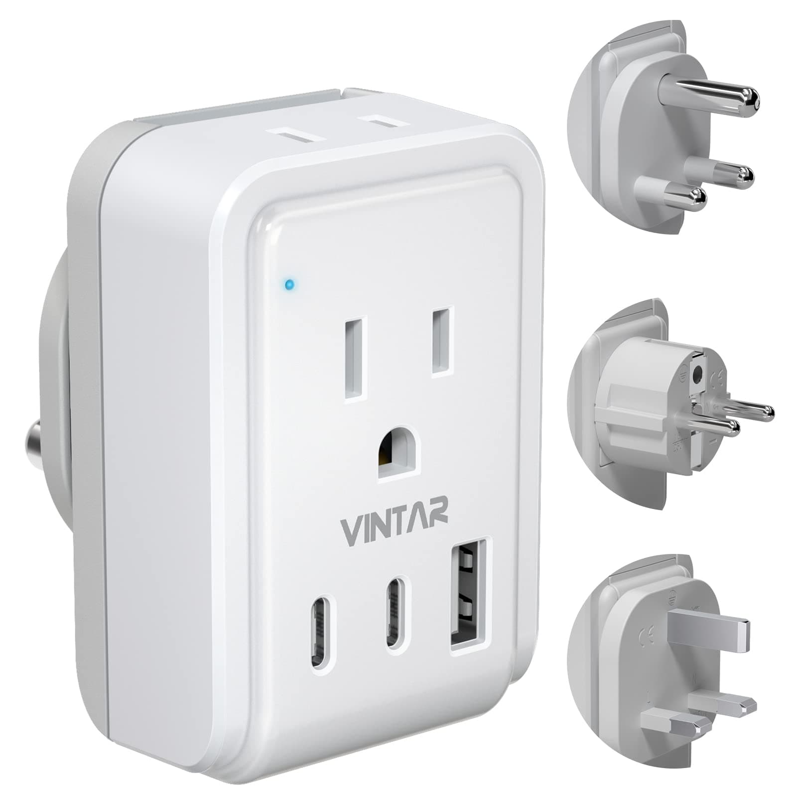VINTAR South Africa Power Adapter Kit, International Plug Adapter with 3 USB Ports (2 USB C, 3.4A) & 2 American Outlets, Type M,G,E/F Swap&Adapt Attachments, Adapter for US to Africa Botswana Morocco