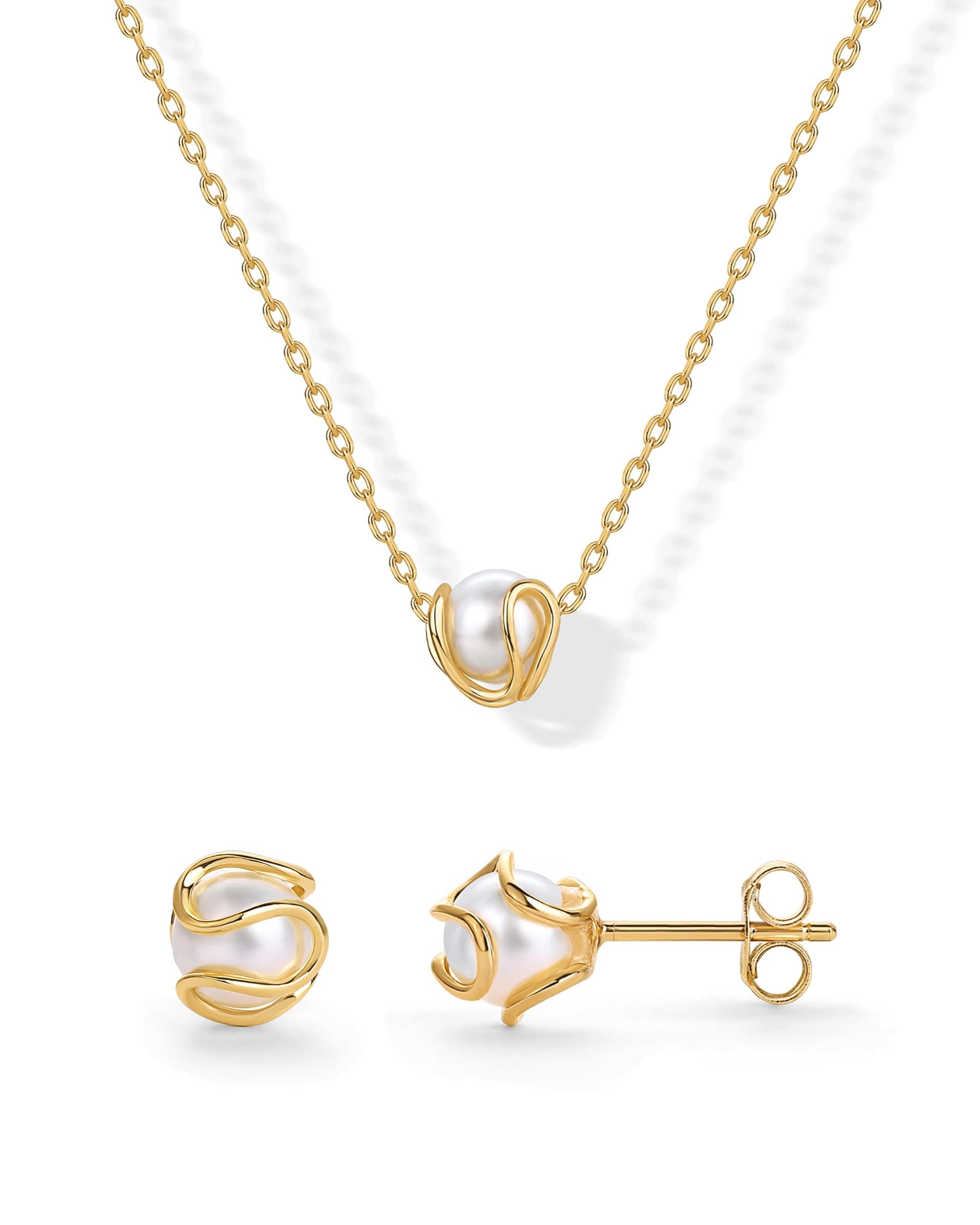 14K Gold Plated Round Shell Pearl Jewelry Set for Women - Gold Pearl Necklace and Earring Set with Pendant Necklace and Caged Stud Earrings Pack