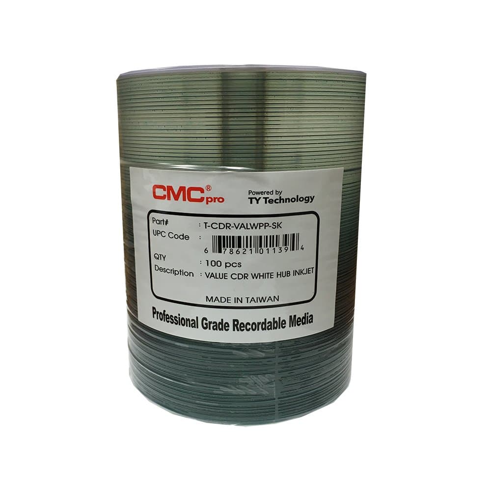 CMC Pro -Powered by TY 48X CD-R, White Inkjet Hub Printable, 100 Disc Tape Wrap, Valueline