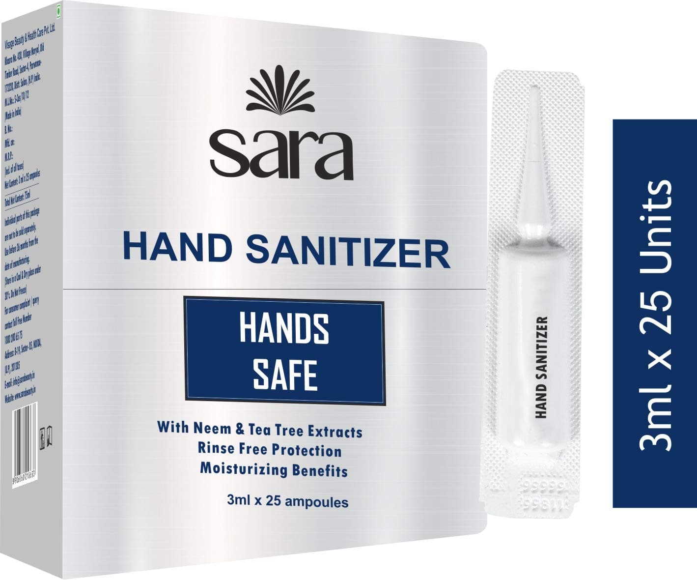 SARA SOUL OF BEAUTY Hand Sanitizer Ampoules Single Use Rinse-free Waterless Sanitizing Gel Germ Protection Palm Cleanser with Moisturizing Benefits (25 x 3 ml) (SSG-3712)