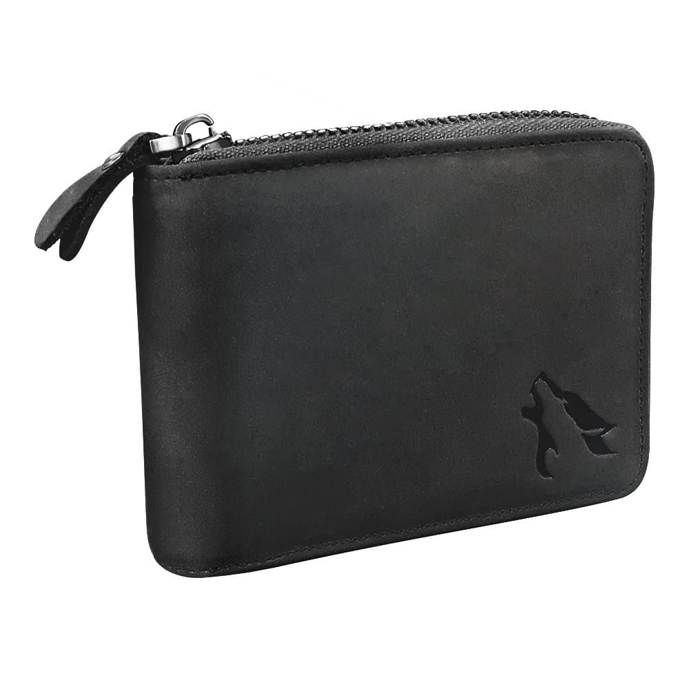 Men's Real Genuine Leather RFID Blocking Heavy-Duty Zip Around Bifold Wallet, Full Grain Leather Charcoal Black