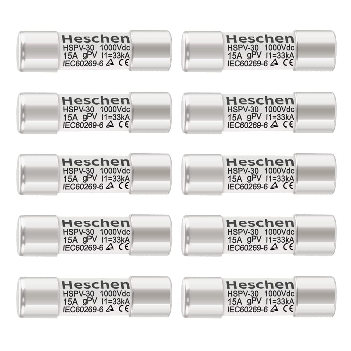 HeschenSolar DC1000V PV Fuse, Photovoltaic Fuses, gPV Type Fuse Link, HSPV-30, 10 * 38mm, 15A 1000VDC, I1 33kA, for Solar PV System Protection, 10PCS